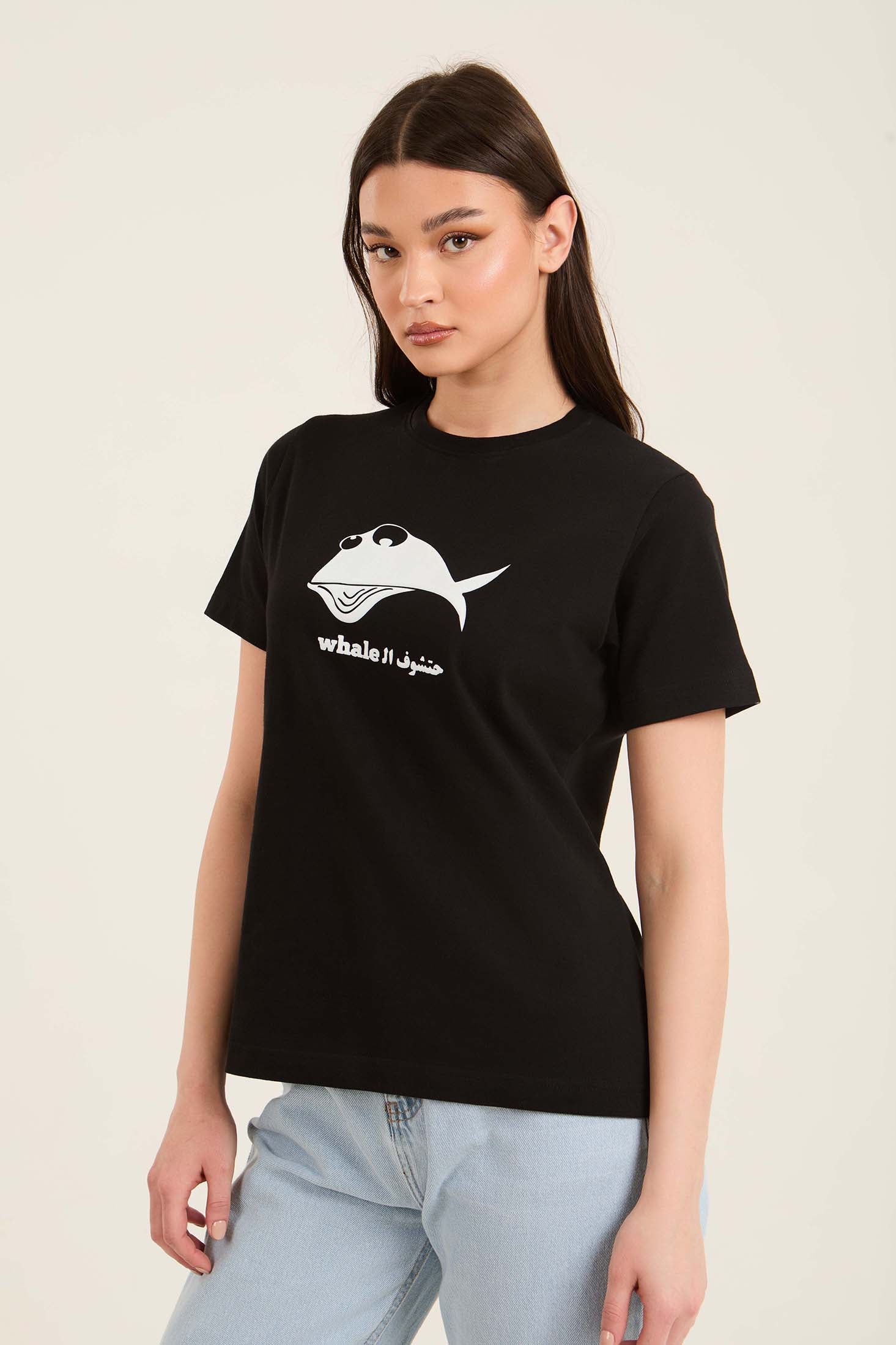 Short Sleeves Cotton Tee with "ÍÊÔæÝ ÇáWhale" Print