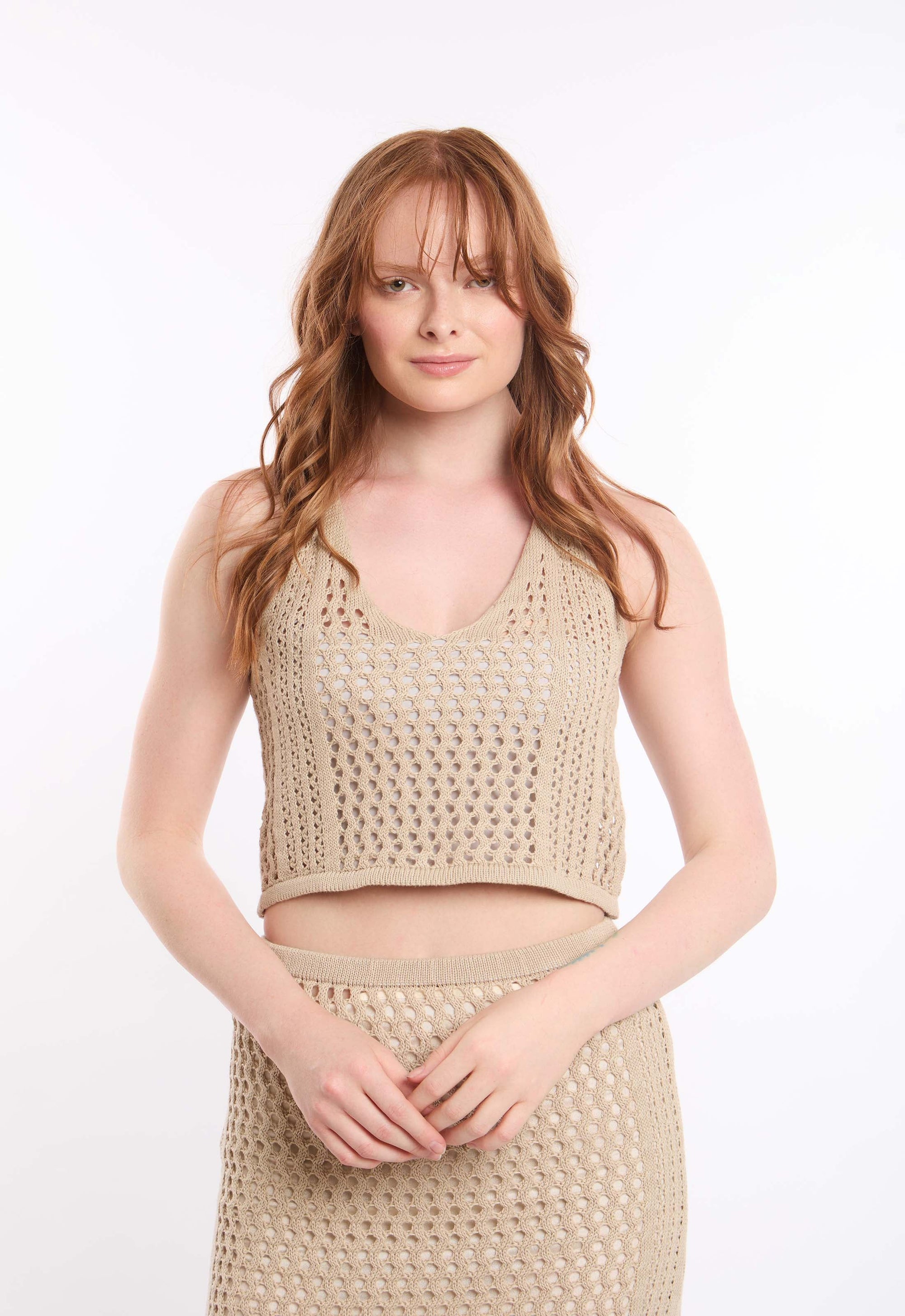 Deep Round Neck Perforated Knit Top