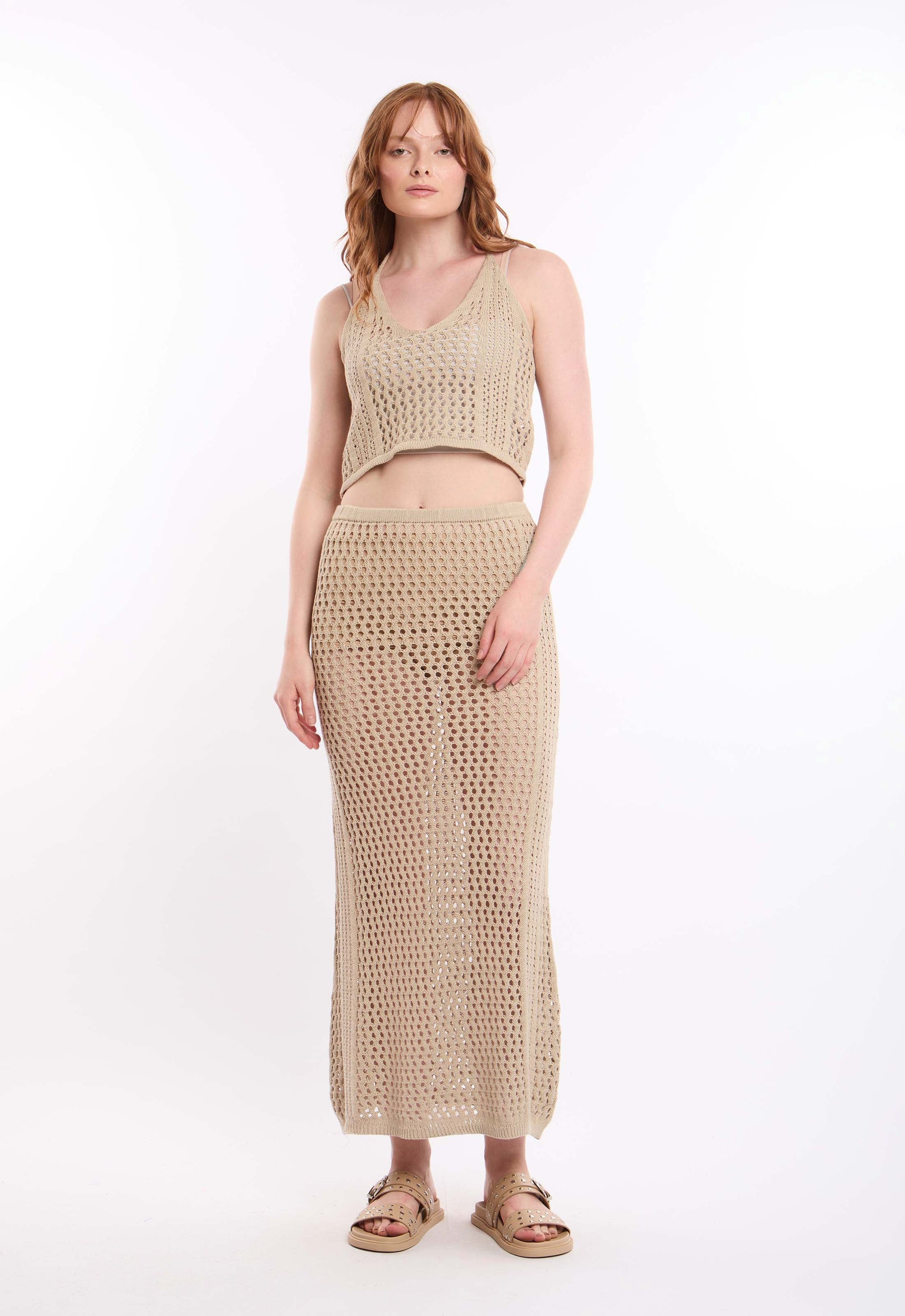 Perforated Knit Slip On Skirt with Slits