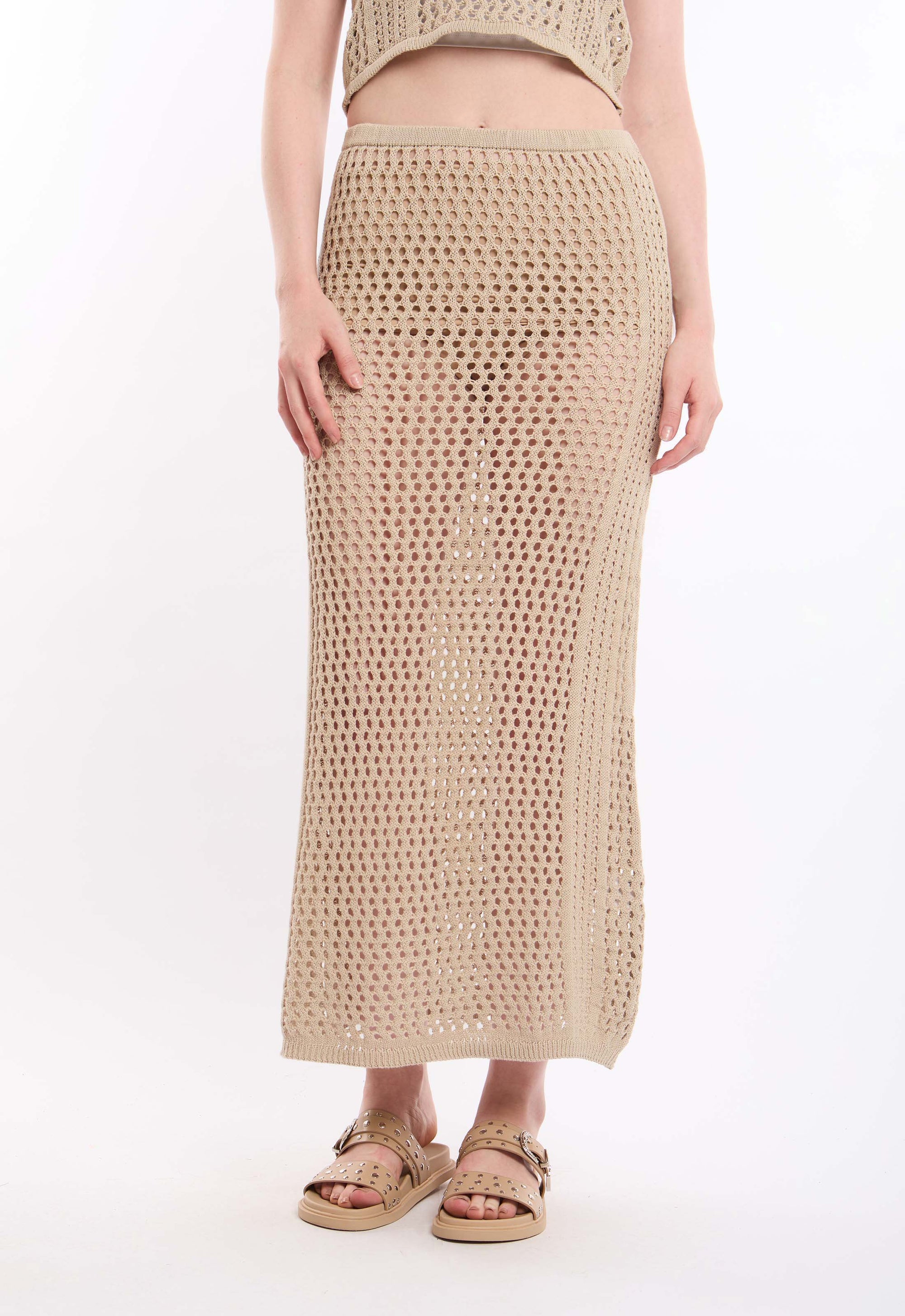 Perforated Knit Slip On Skirt with Slits