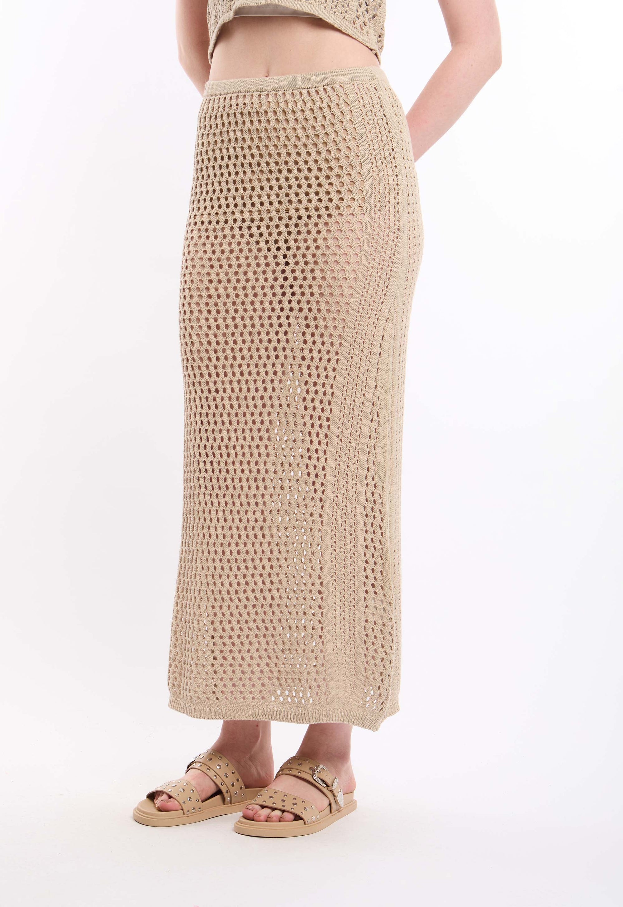 Perforated Knit Slip On Skirt with Slits