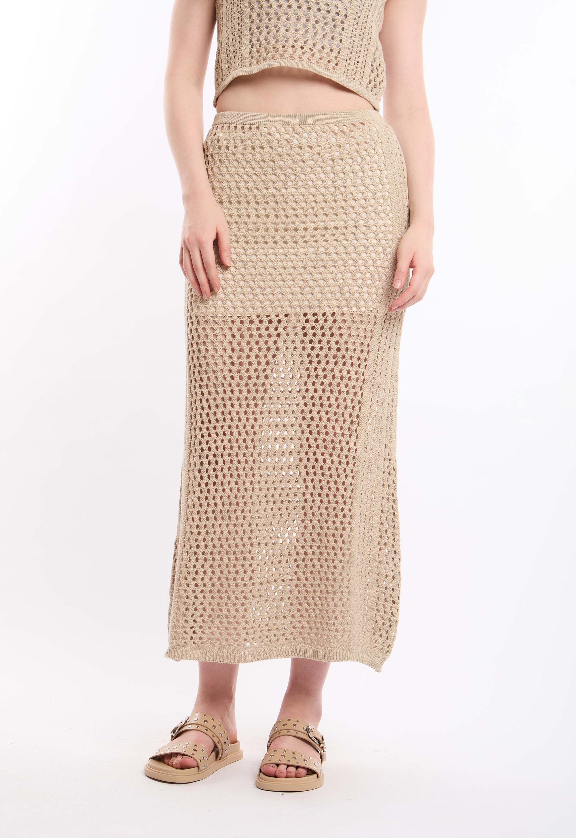 Perforated Knit Slip On Skirt with Slits