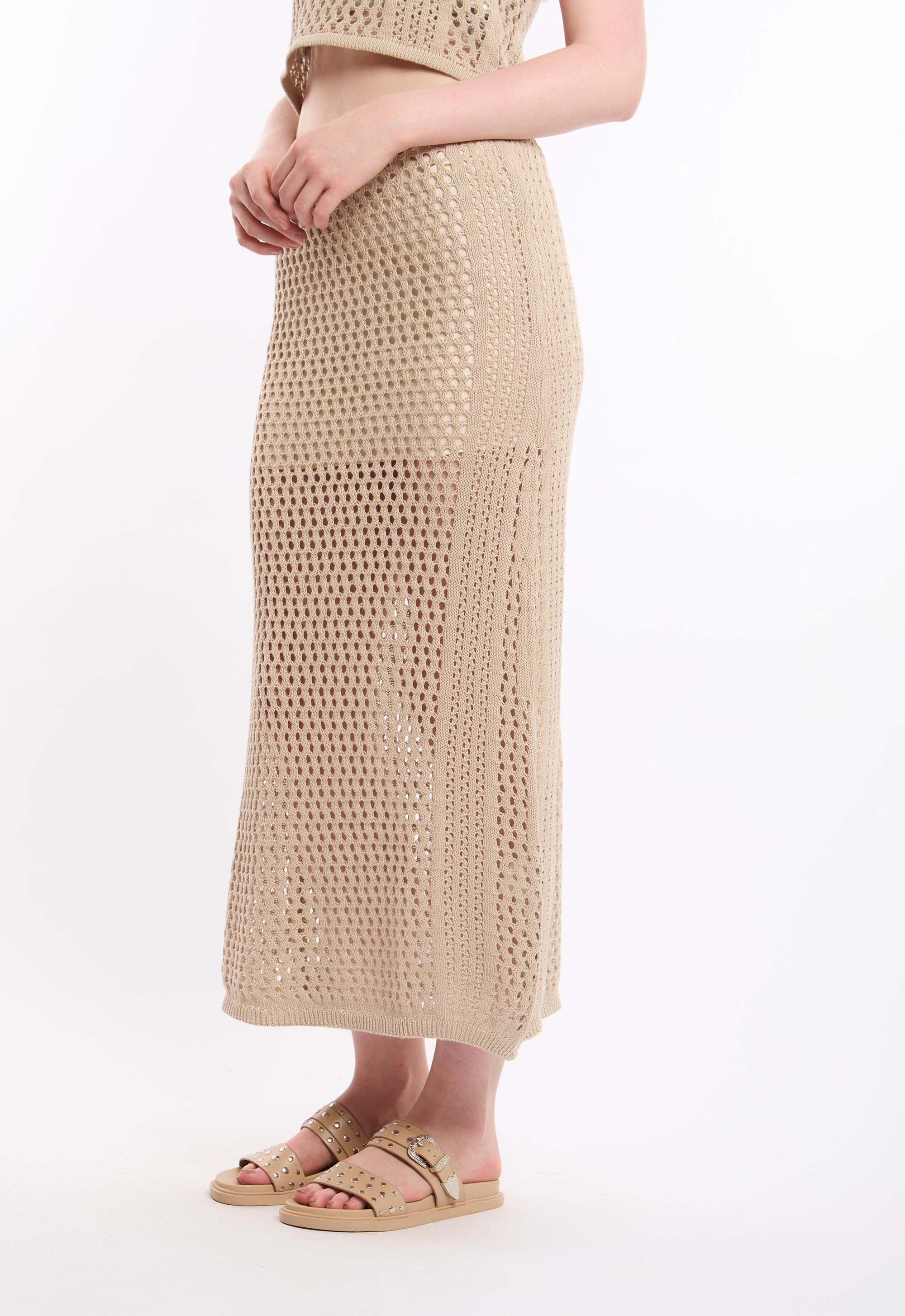 Perforated Knit Slip On Skirt with Slits