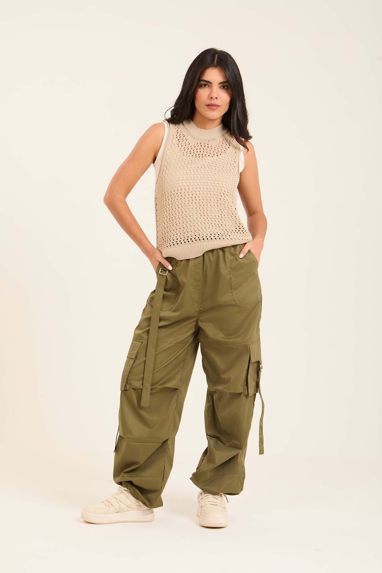 Ribbed Mock Neck Sleeveless Crochet Top