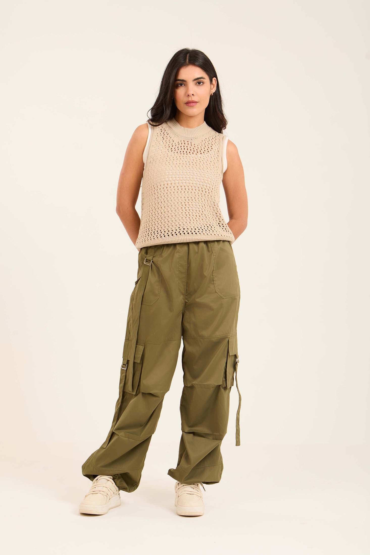 Ribbed Mock Neck Sleeveless Crochet Top