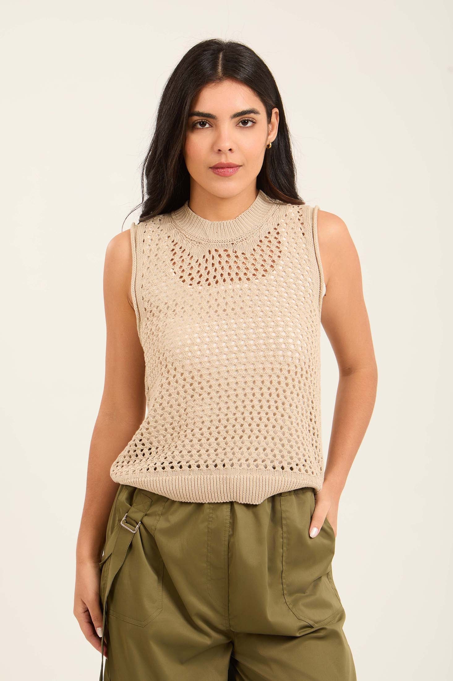 Ribbed Mock Neck Sleeveless Crochet Top