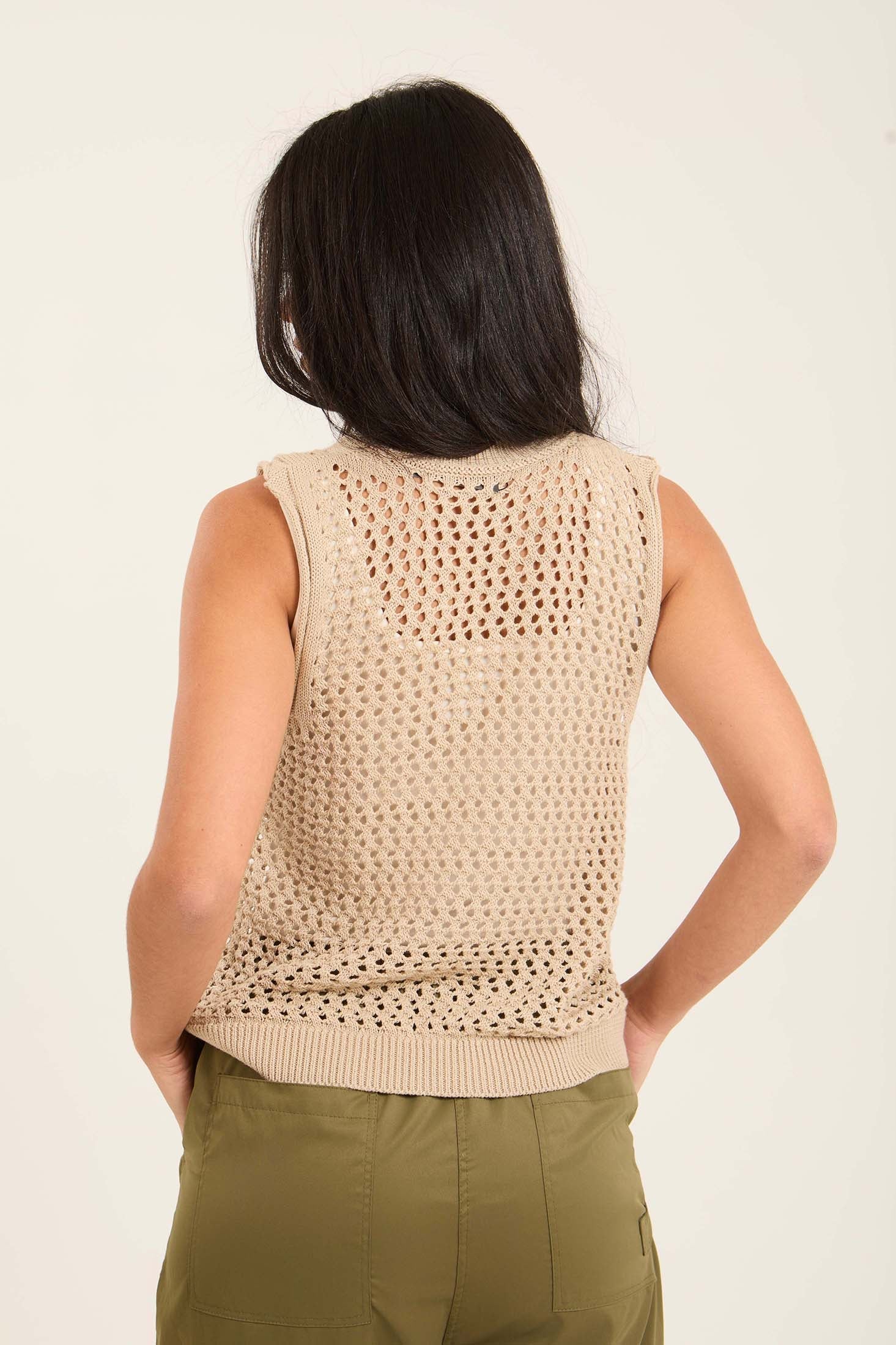 Ribbed Mock Neck Sleeveless Crochet Top