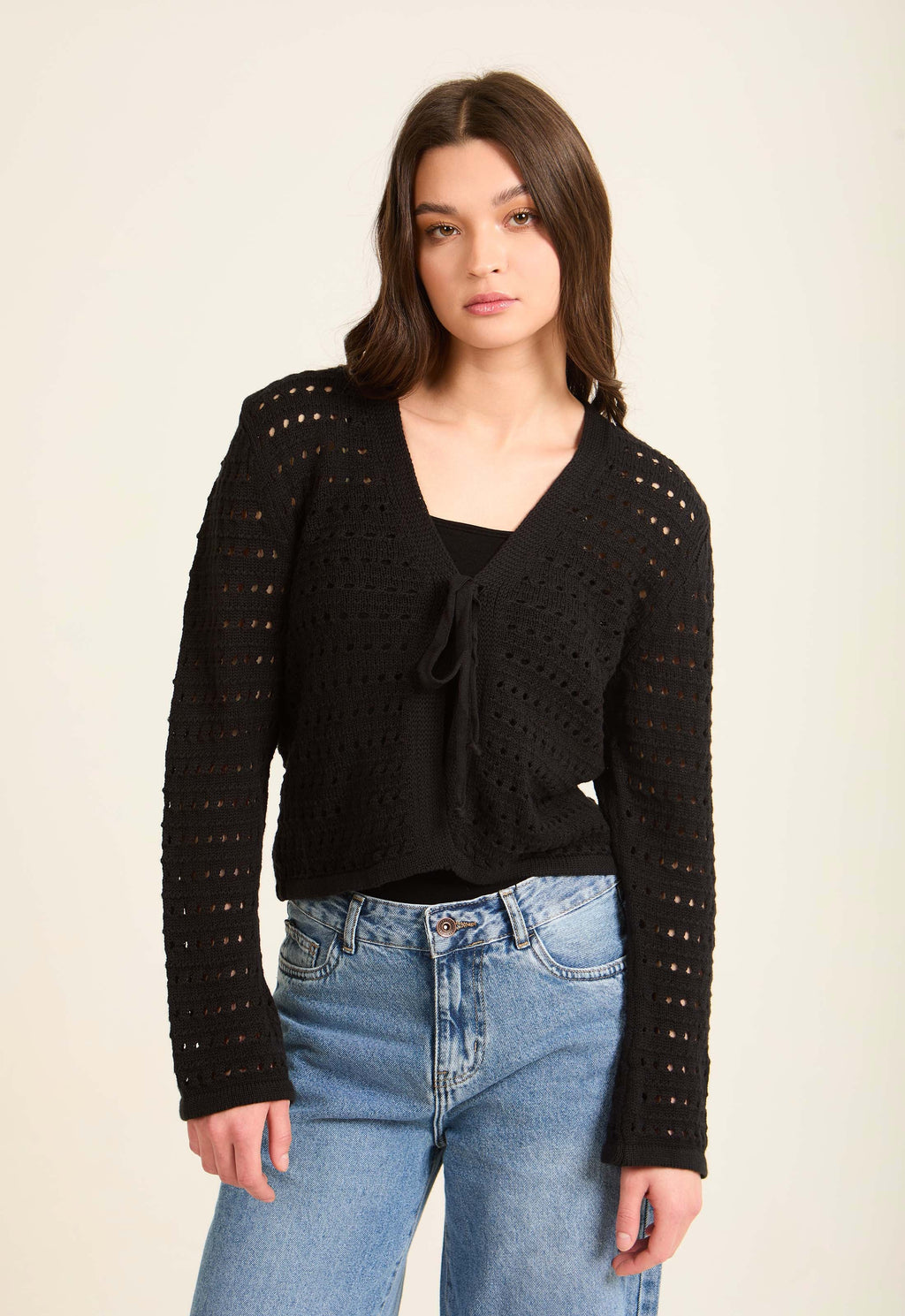 Perforated Knit Lace-Up Short Cardigan
