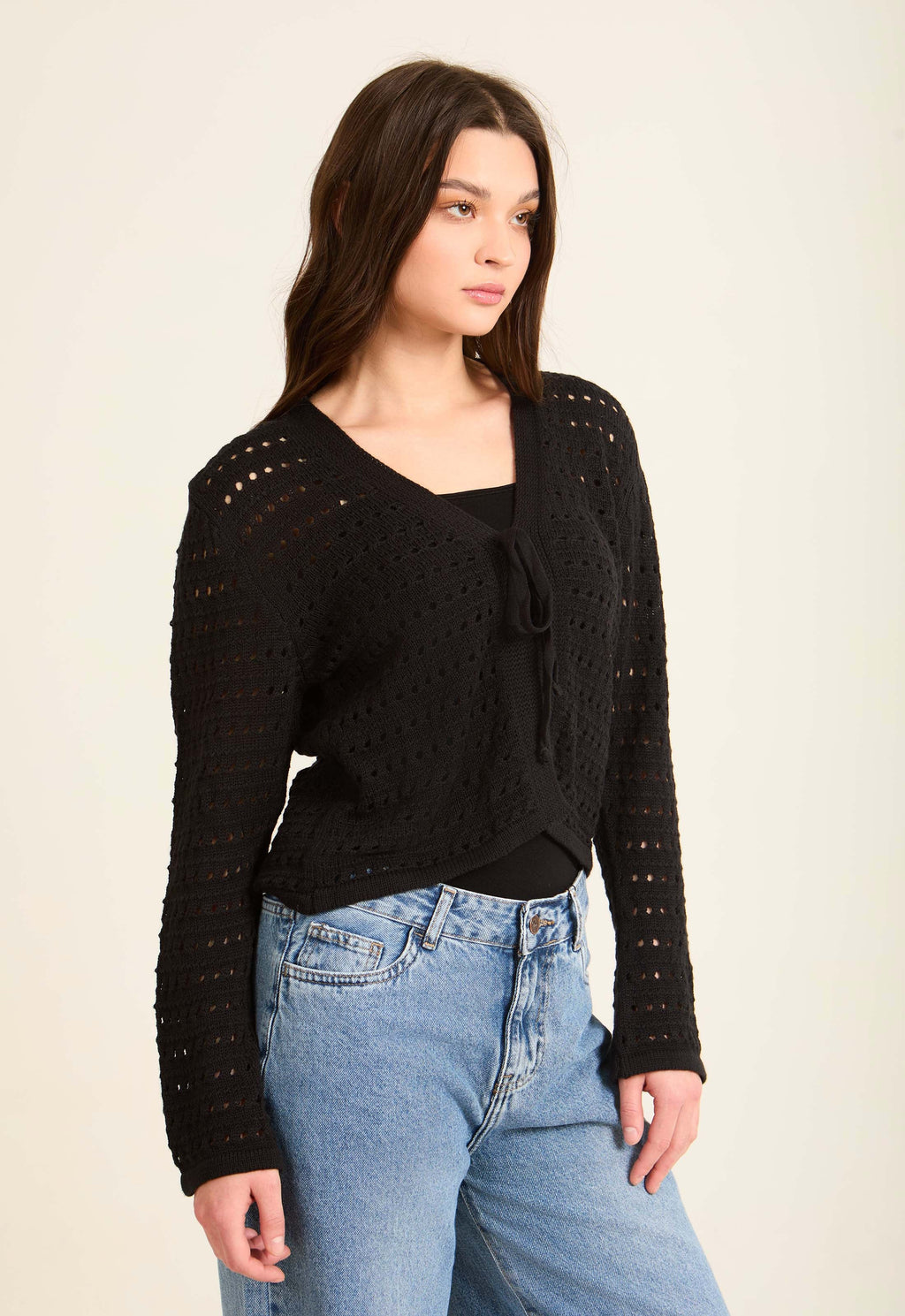 Perforated Knit Lace-Up Short Cardigan