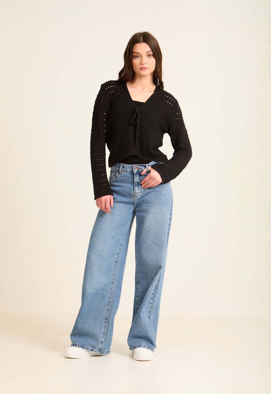 Perforated Knit Lace-Up Short Cardigan