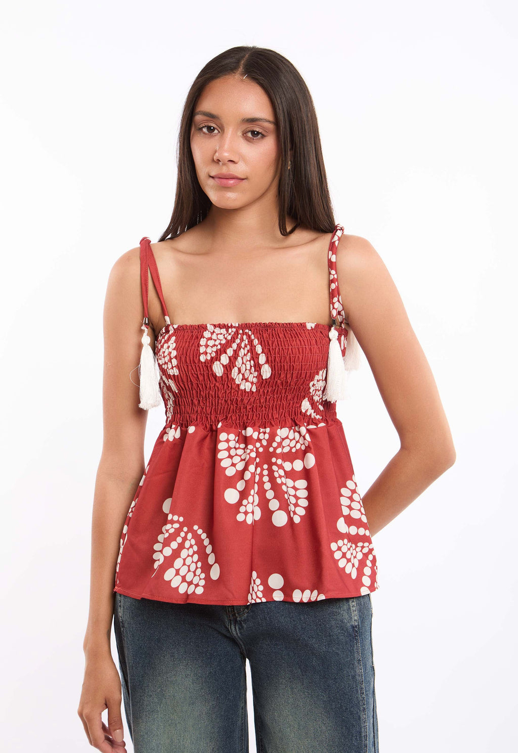 Lace-Up Spaghetti Sleeves Shirred Top