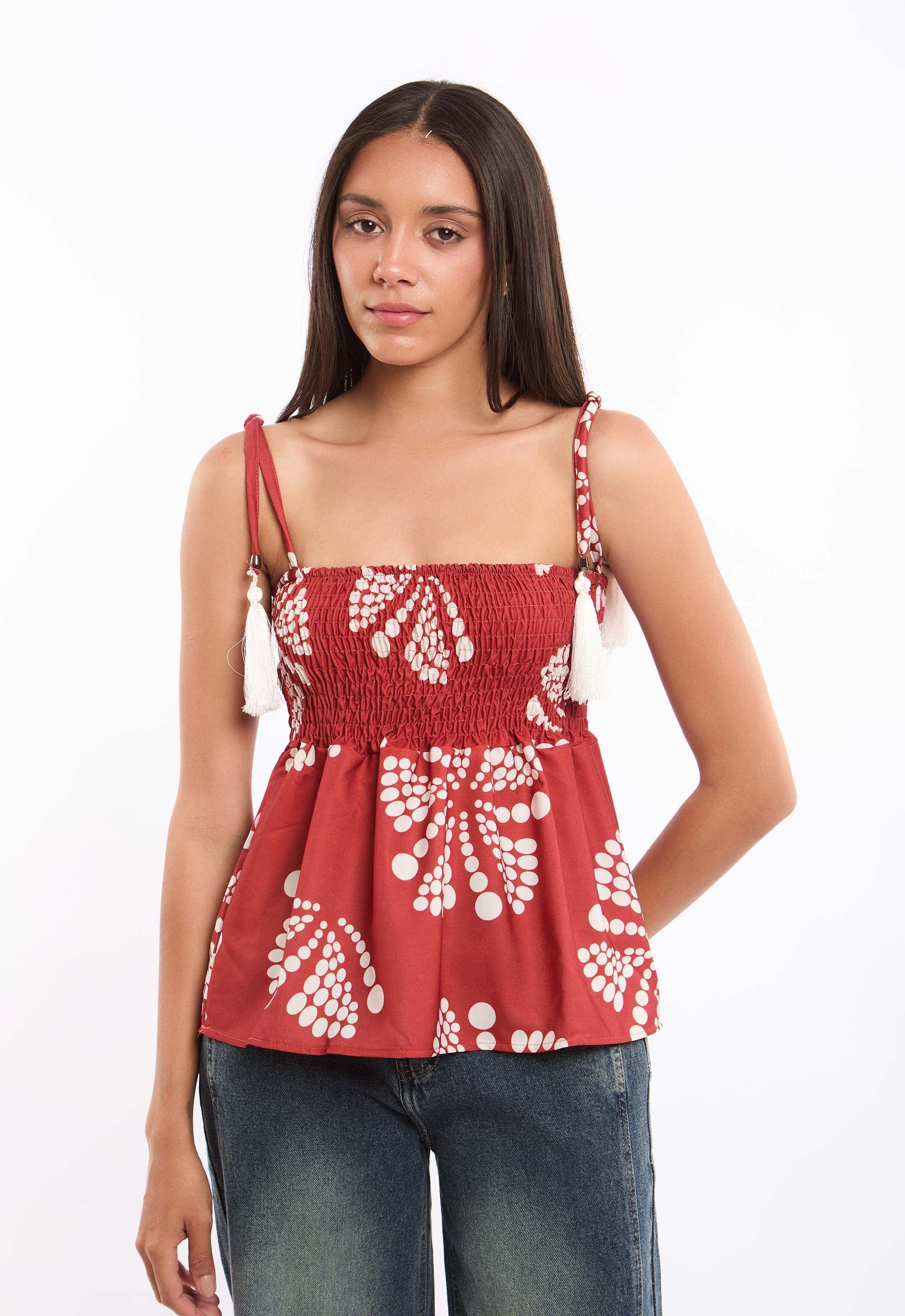 Lace-Up Spaghetti Sleeves Shirred Top