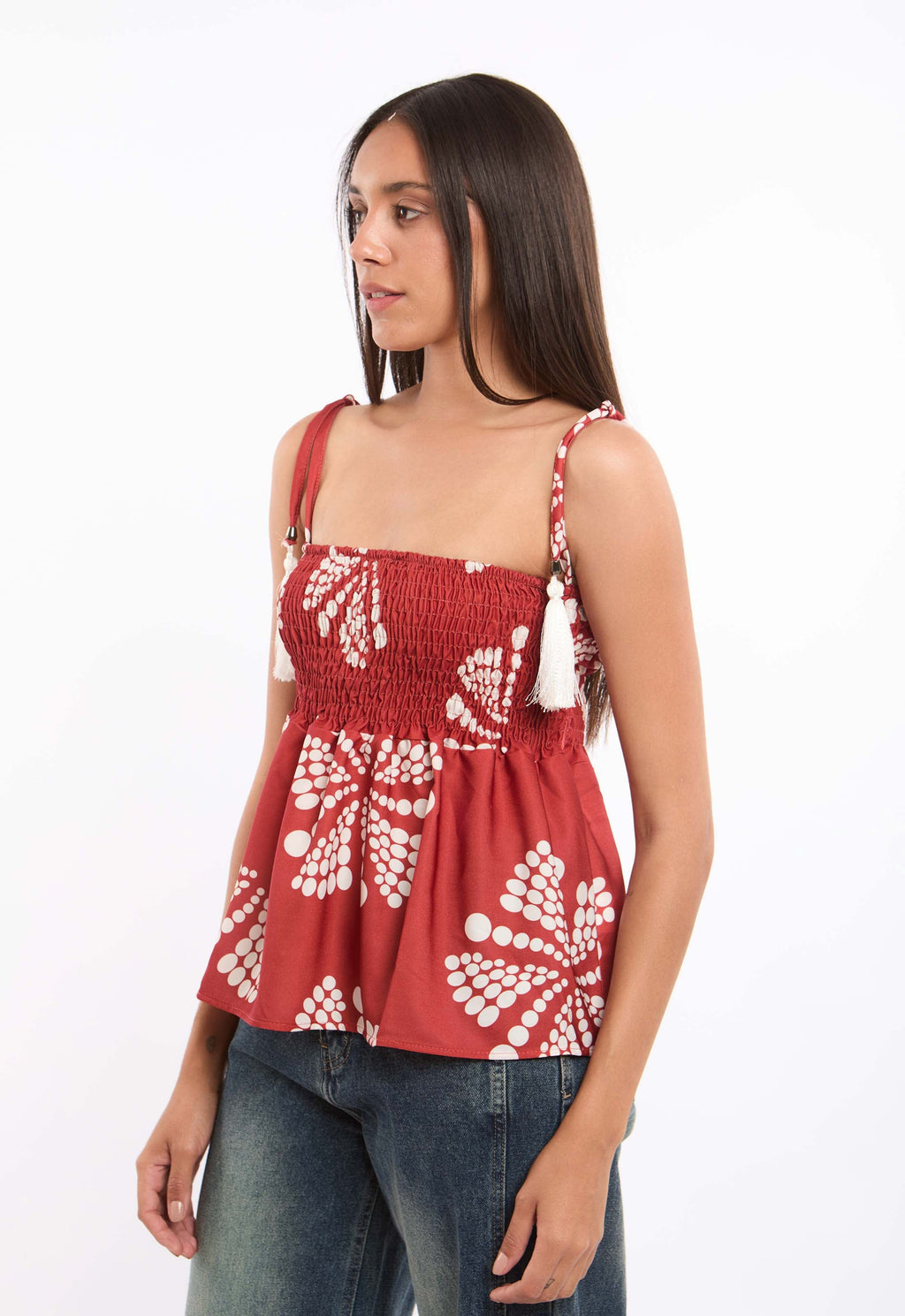 Lace-Up Spaghetti Sleeves Shirred Top