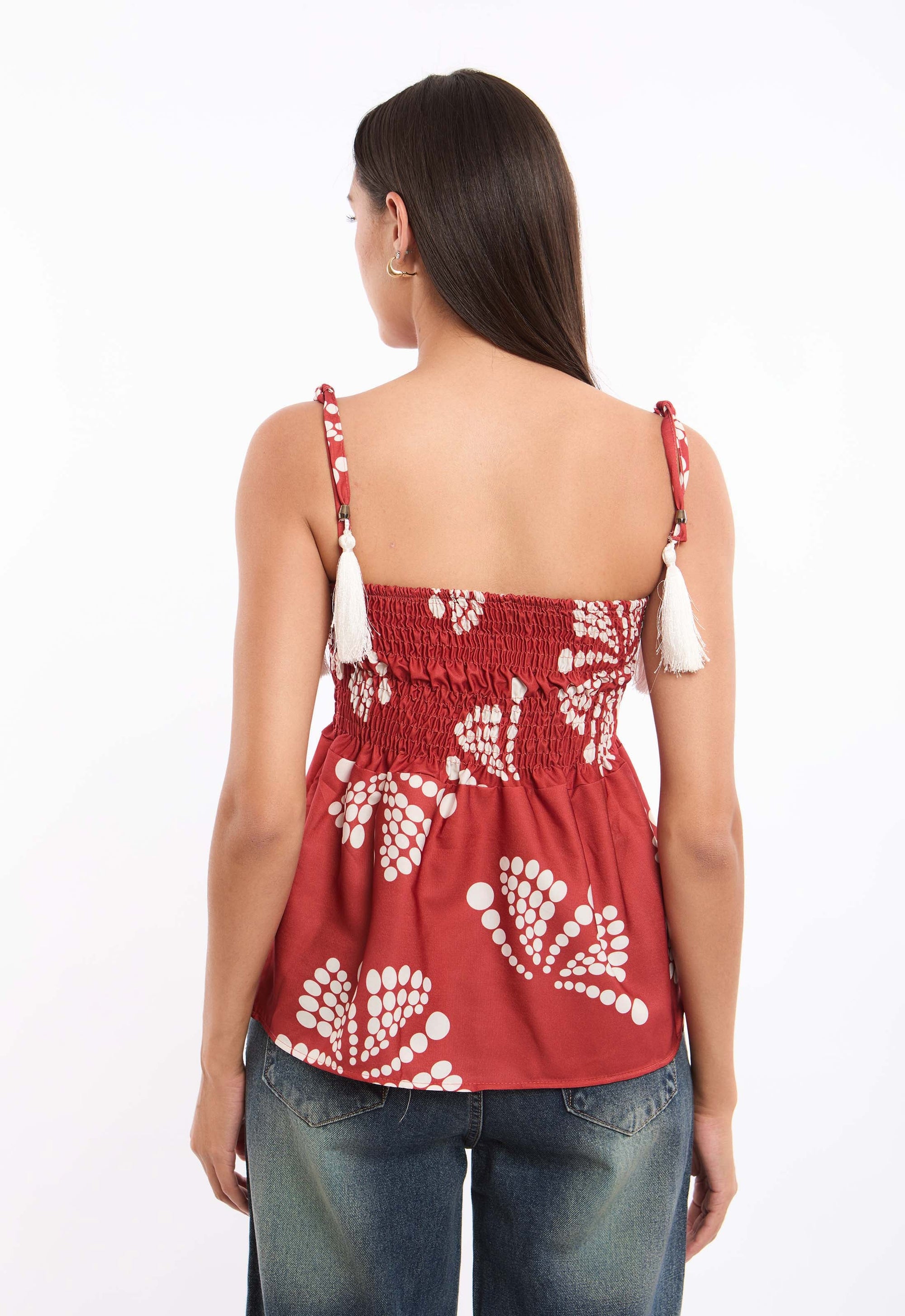 Lace-Up Spaghetti Sleeves Shirred Top