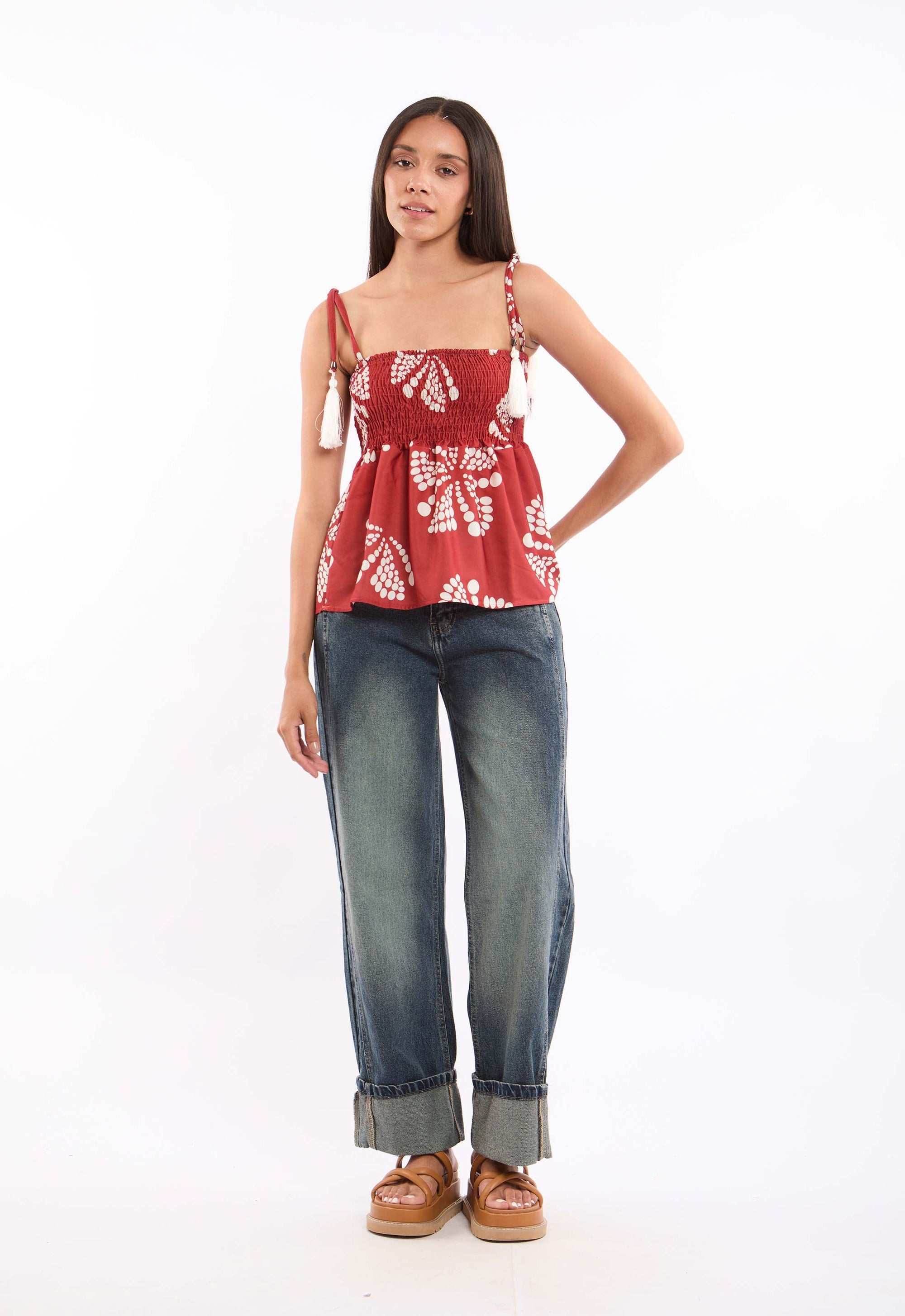 Lace-Up Spaghetti Sleeves Shirred Top