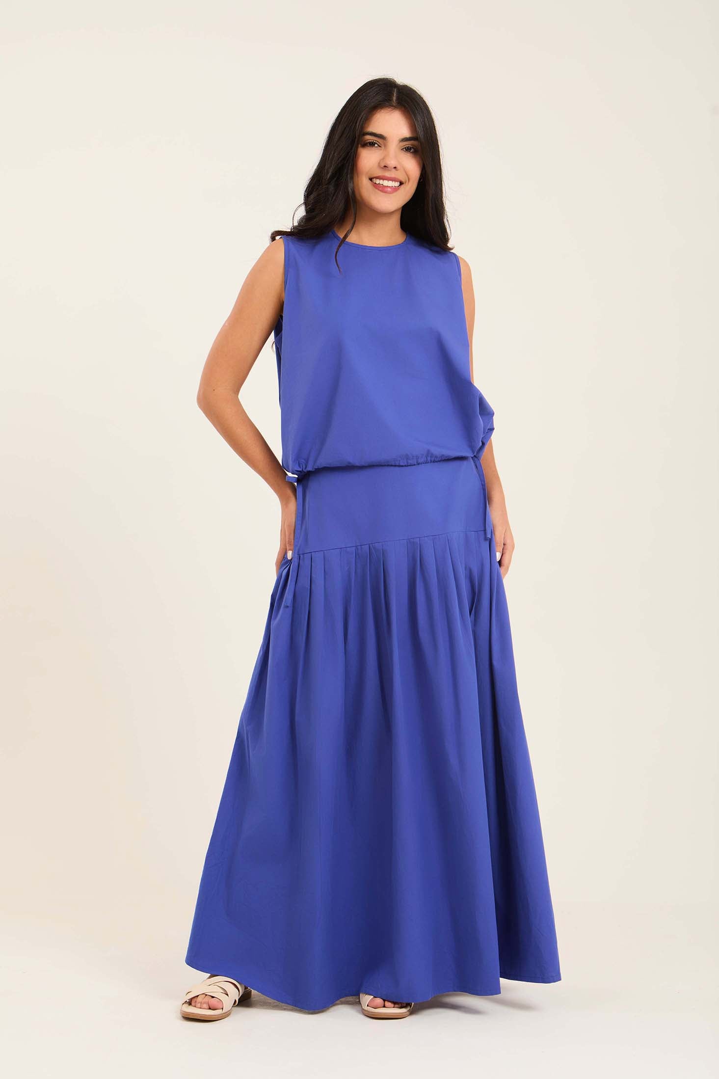 Sleeveless Solid Summer Top with Drawstring Trim