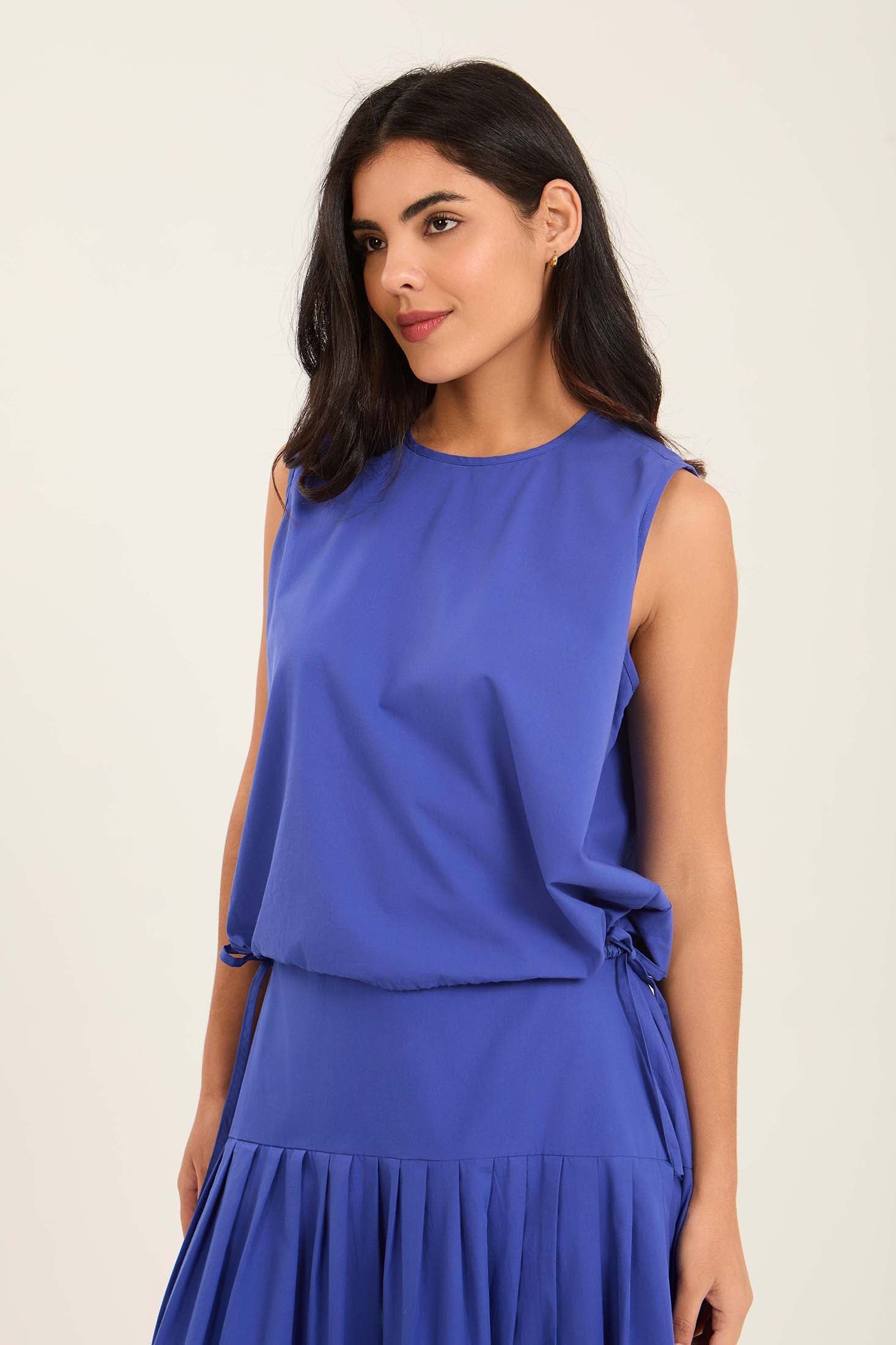 Sleeveless Solid Summer Top with Drawstring Trim