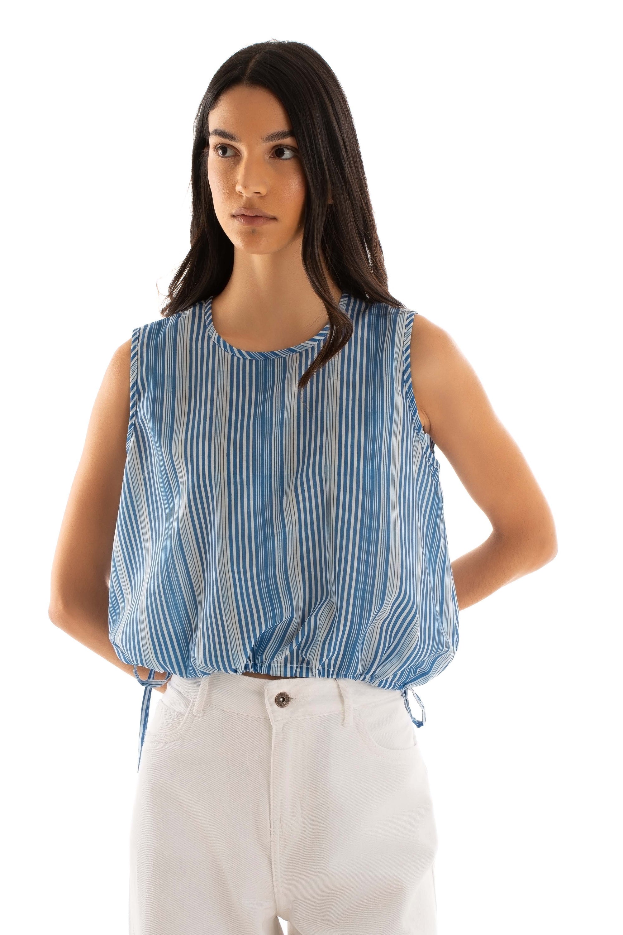Round Neck Sleeveless Striped Cotton Top