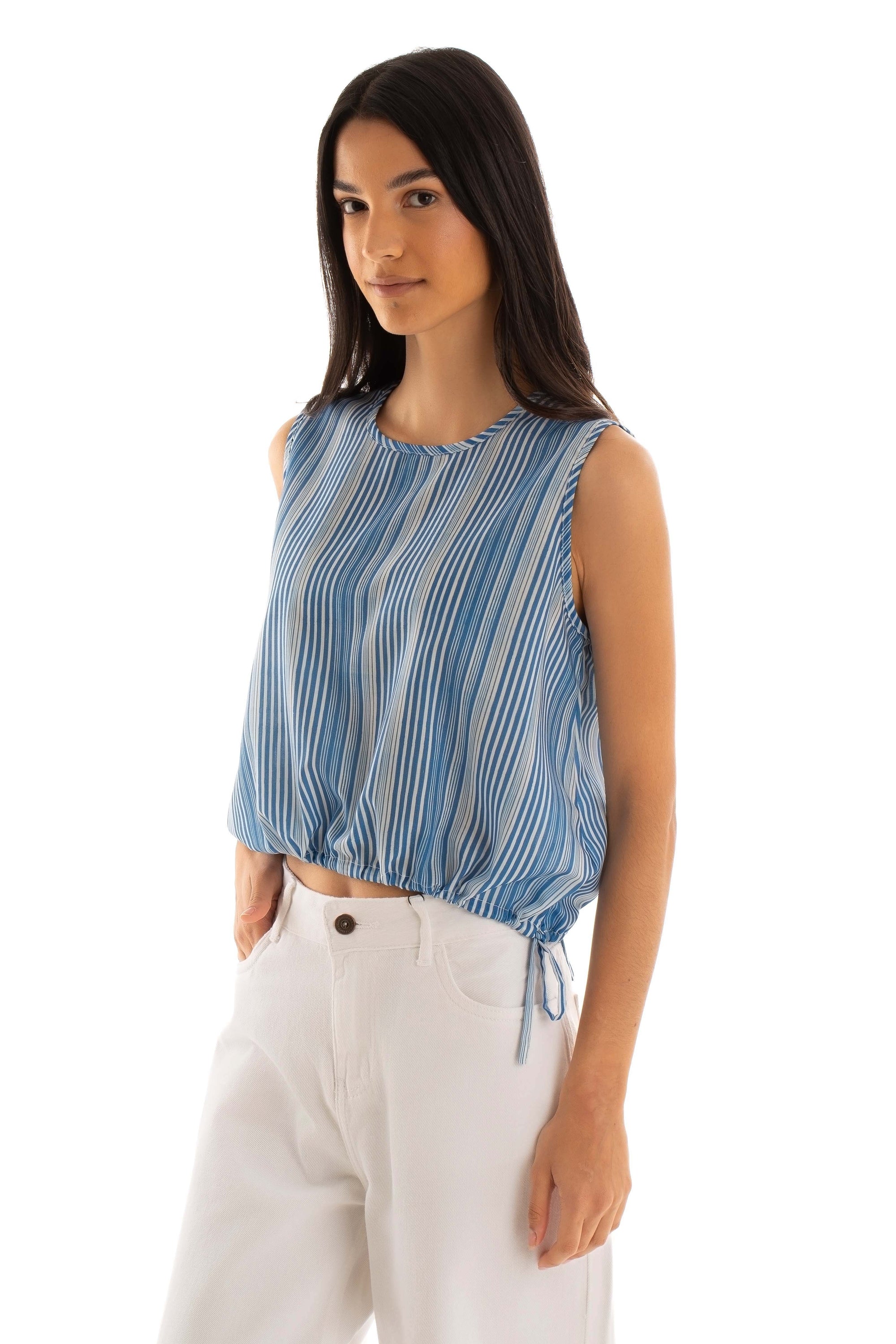 Round Neck Sleeveless Striped Cotton Top
