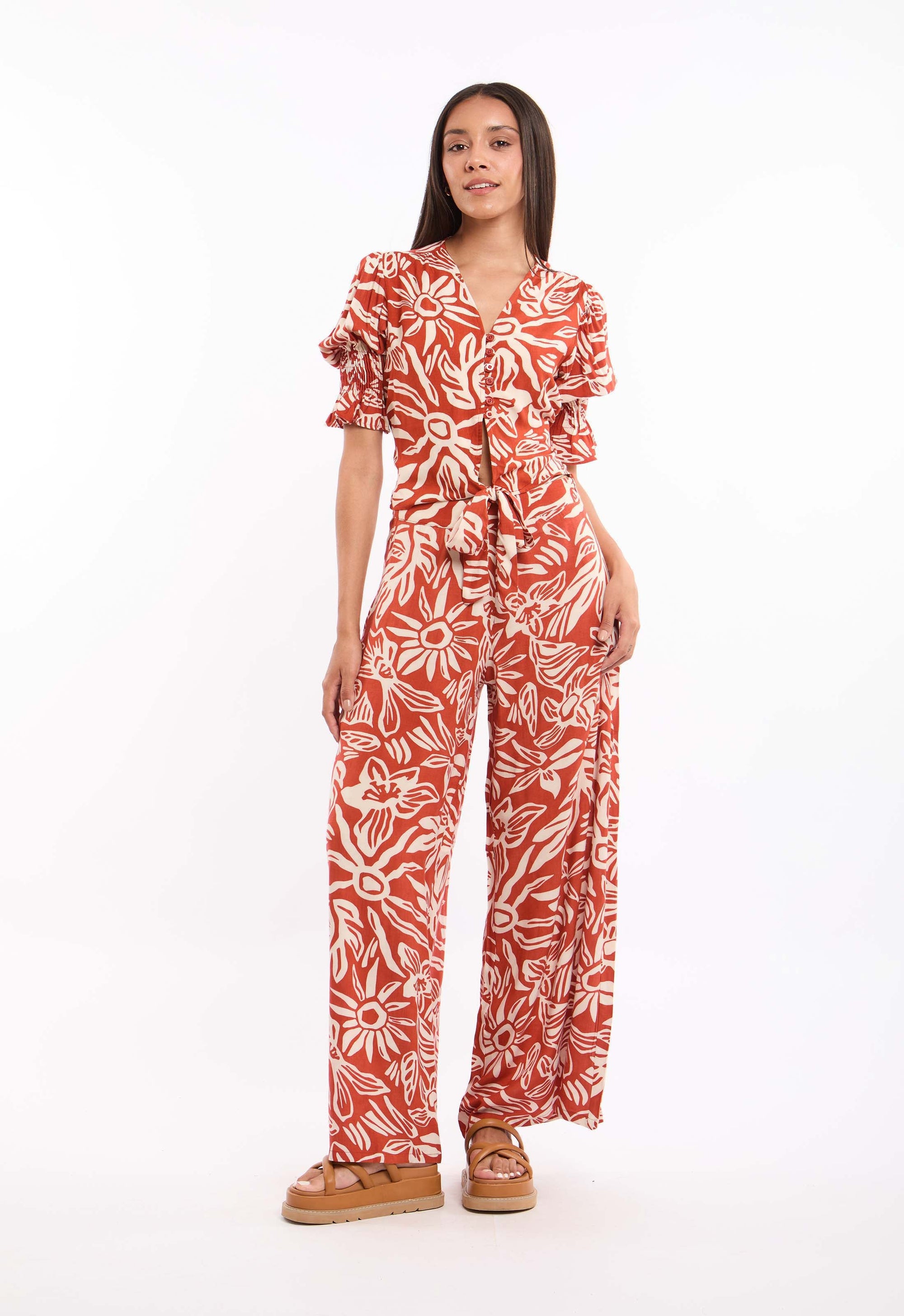 Floral Buttoned Short Blouse with Elastic Sleeves