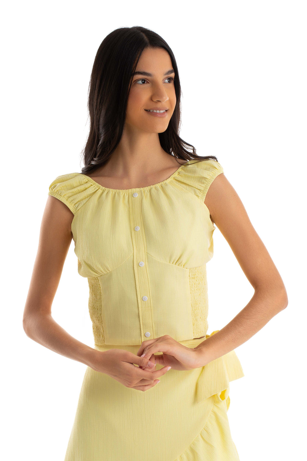 Gathered Shoulder Button Blouse