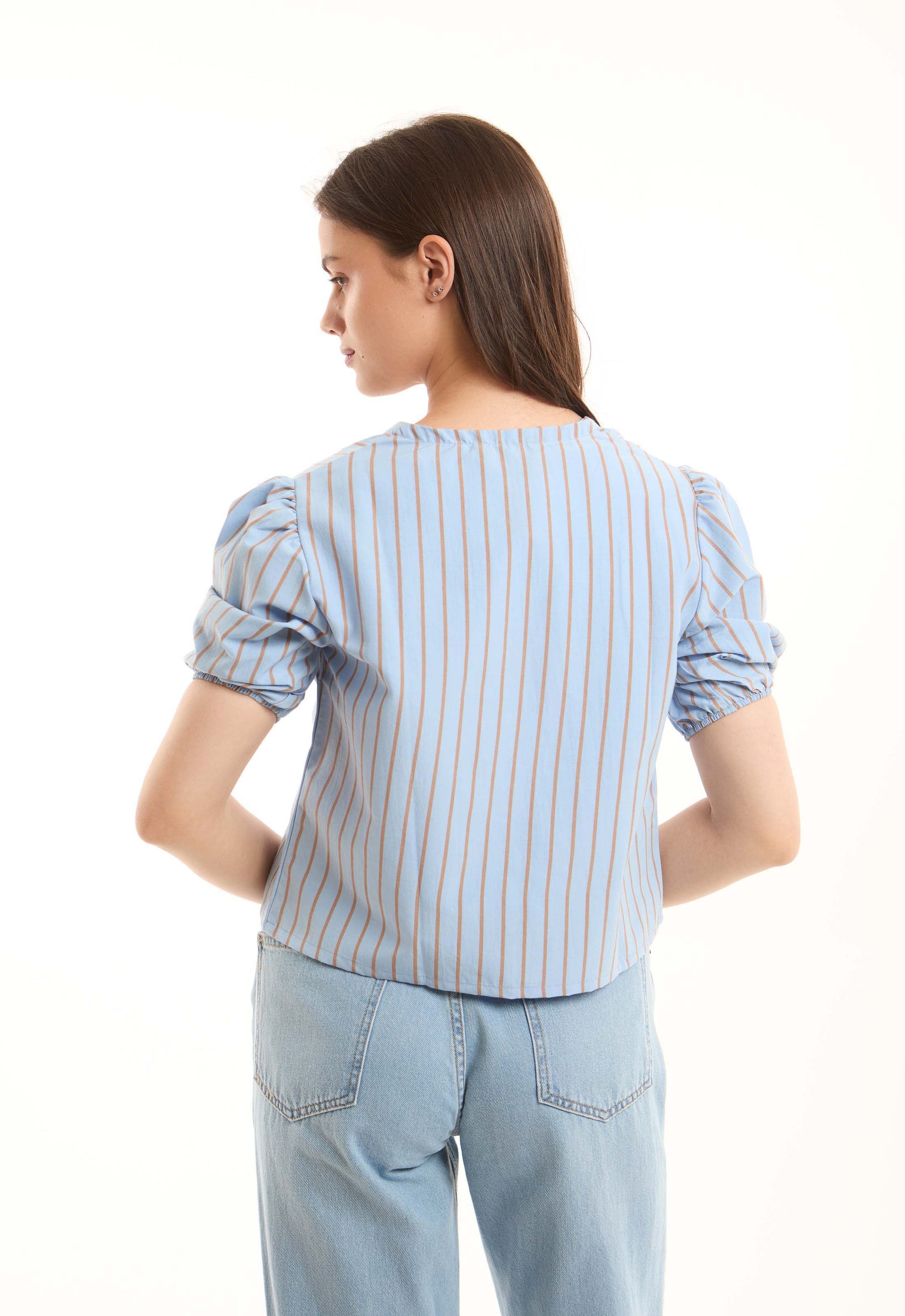 Striped Tie-Front Puff-Sleeve Blouse