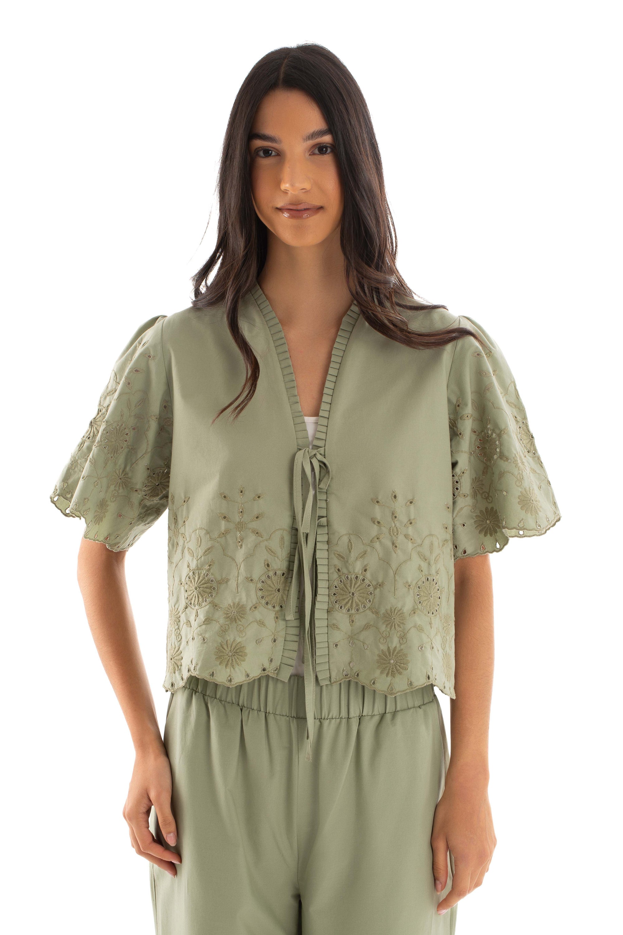 Embroidered Eyelet Tie-Front Blouse