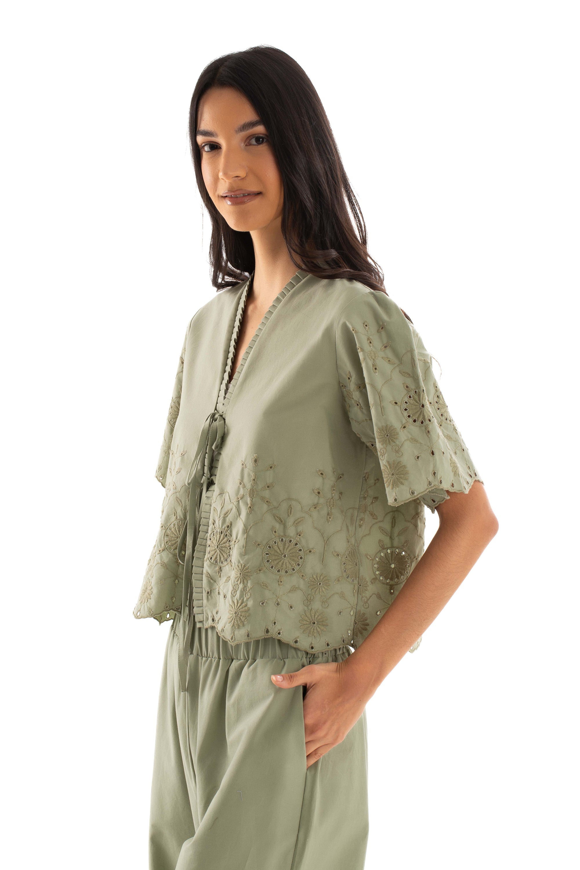 Embroidered Eyelet Tie-Front Blouse