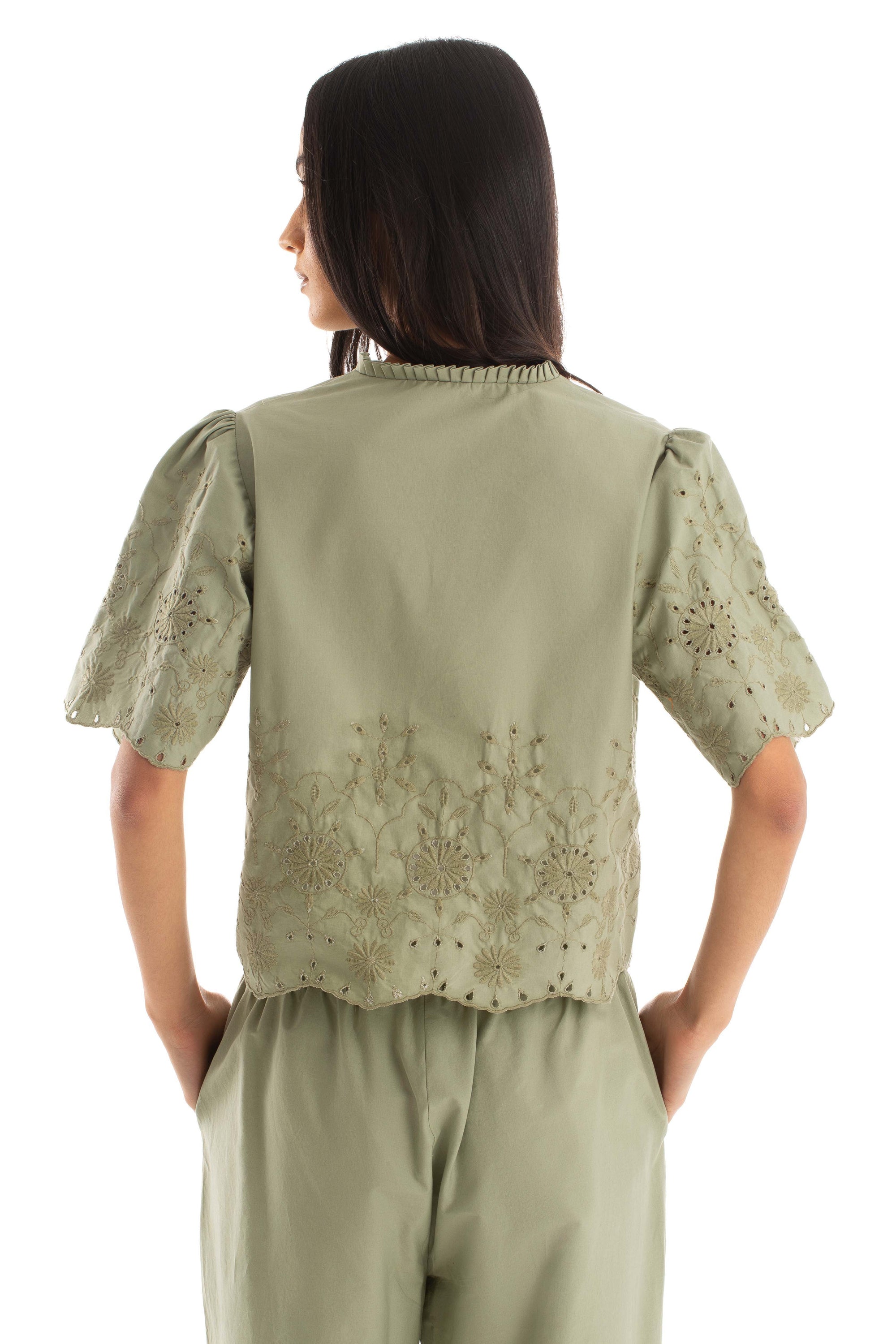 Embroidered Eyelet Tie-Front Blouse