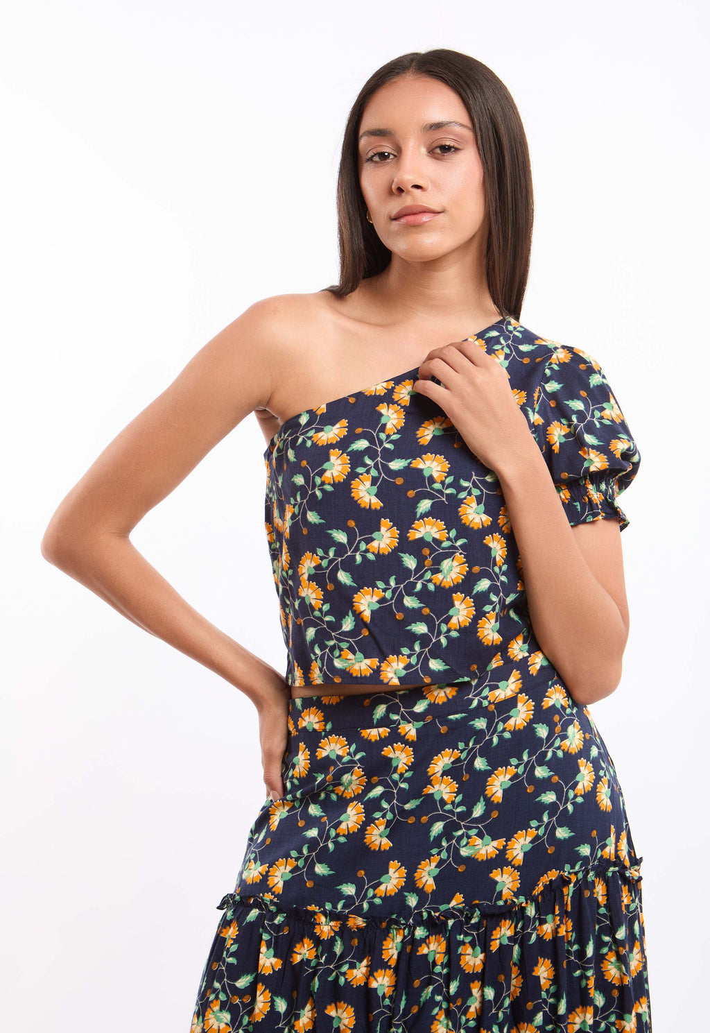 One-Shoulder Floral Viscose Top with Puff Sleeve