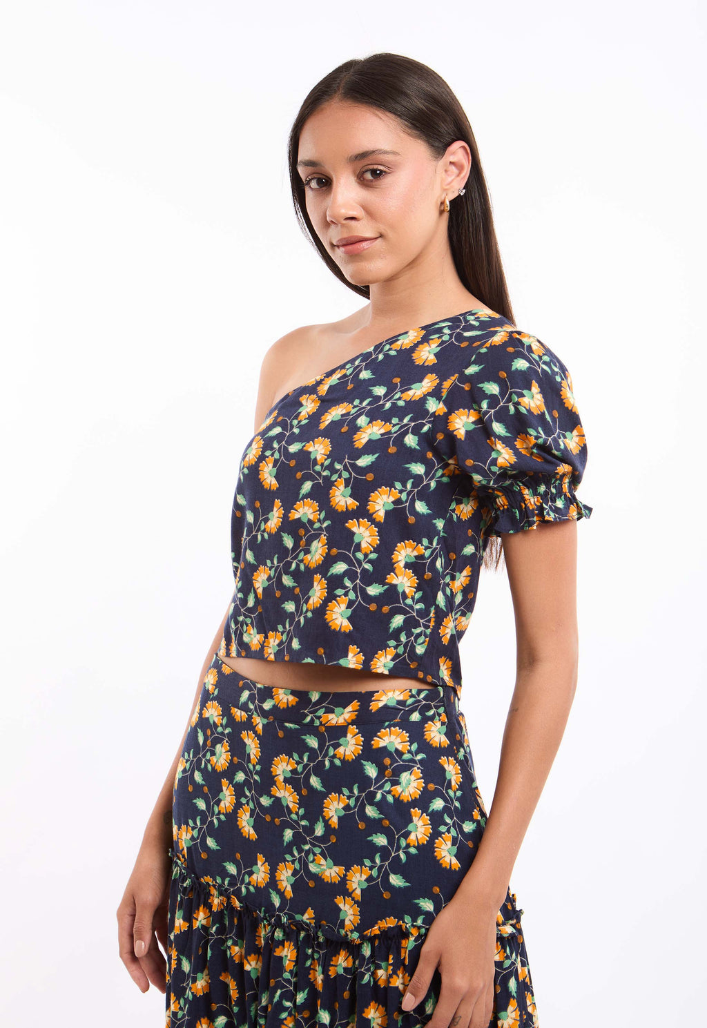 One-Shoulder Floral Viscose Top with Puff Sleeve