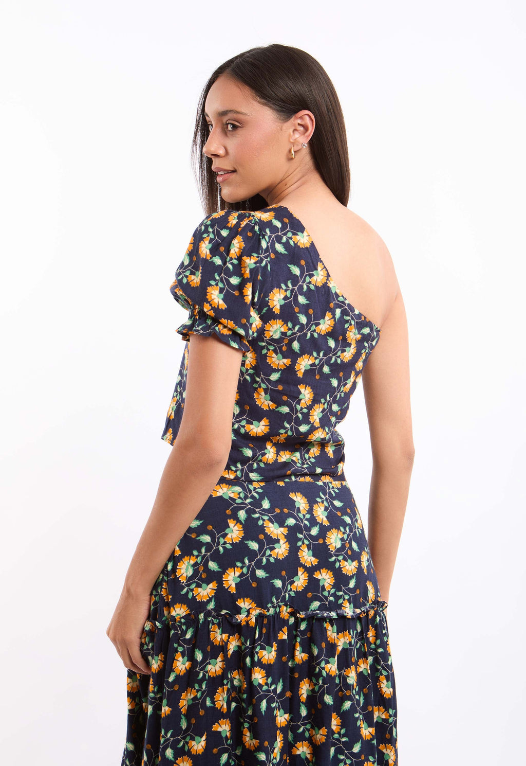 One-Shoulder Floral Viscose Top with Puff Sleeve