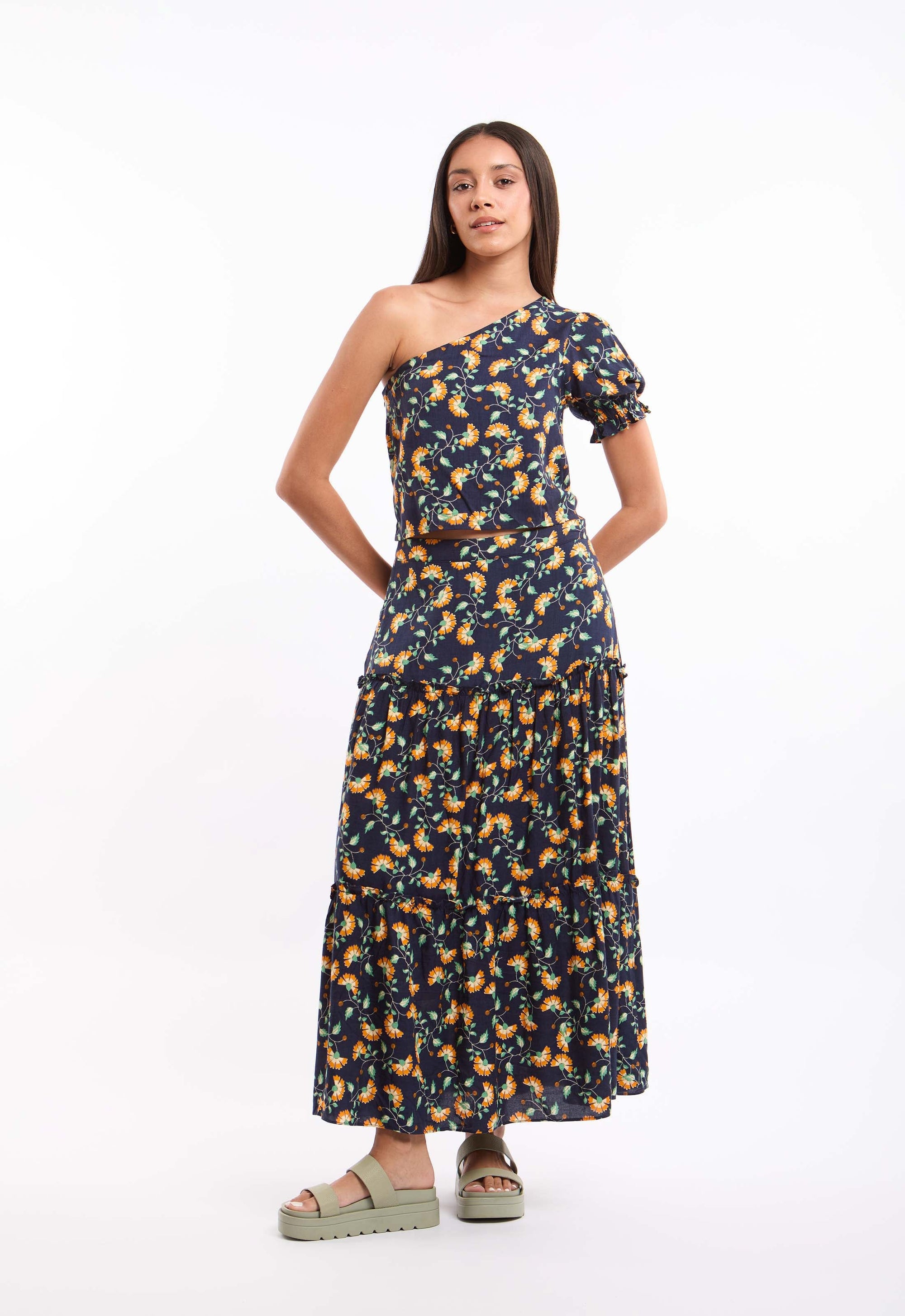 One-Shoulder Floral Viscose Top with Puff Sleeve