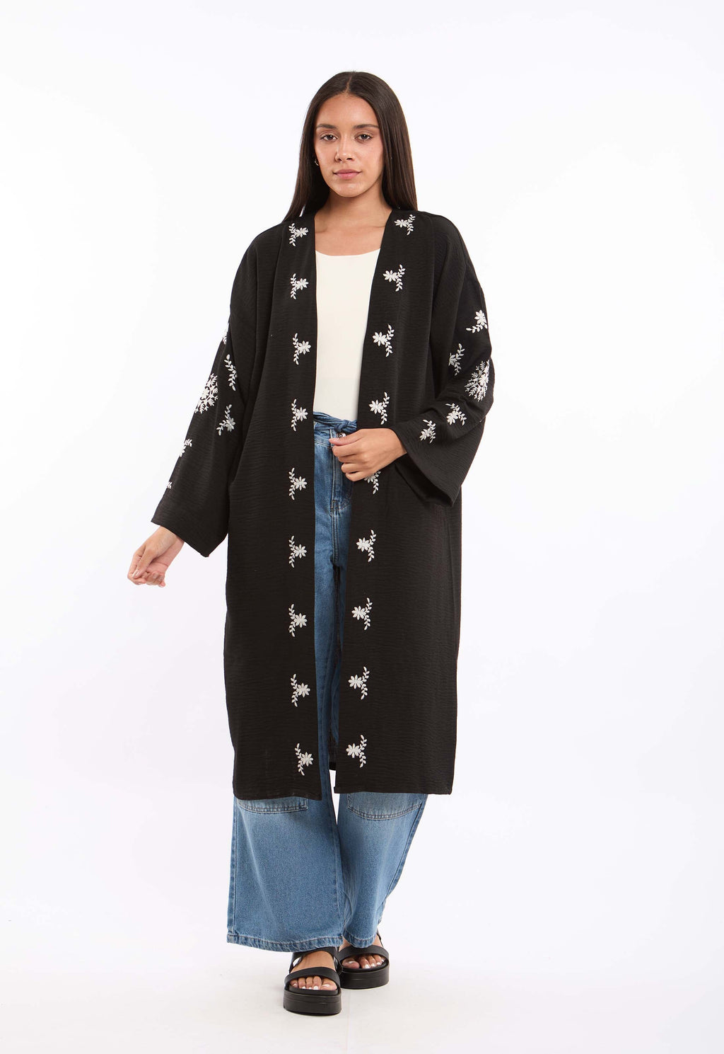 Embroidered Floral Long Sleeves Textured Kimono