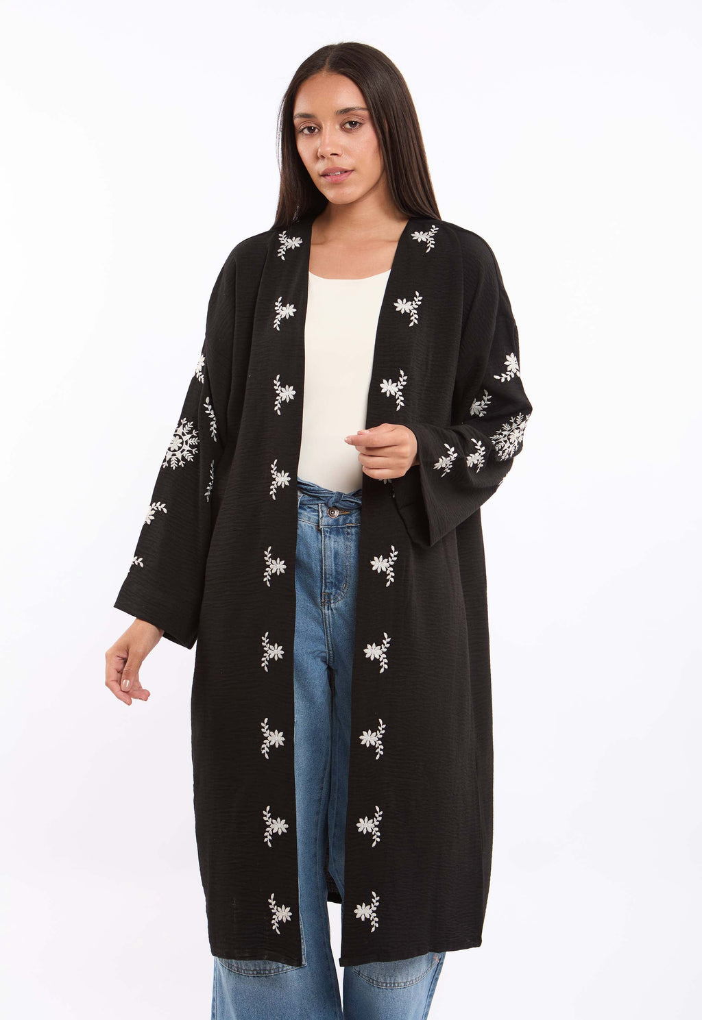 Embroidered Floral Long Sleeves Textured Kimono