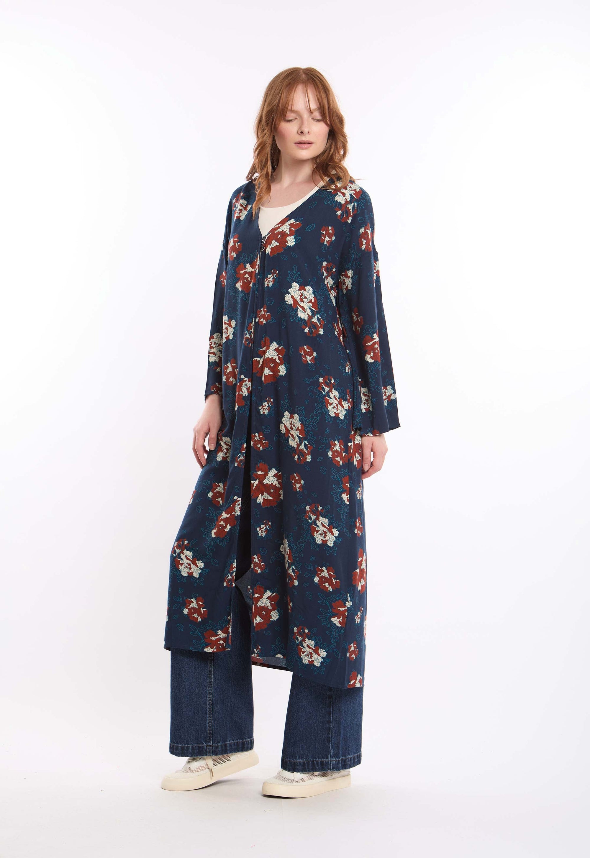 Long Sleeves Floral Buttoned Long Tunic Top