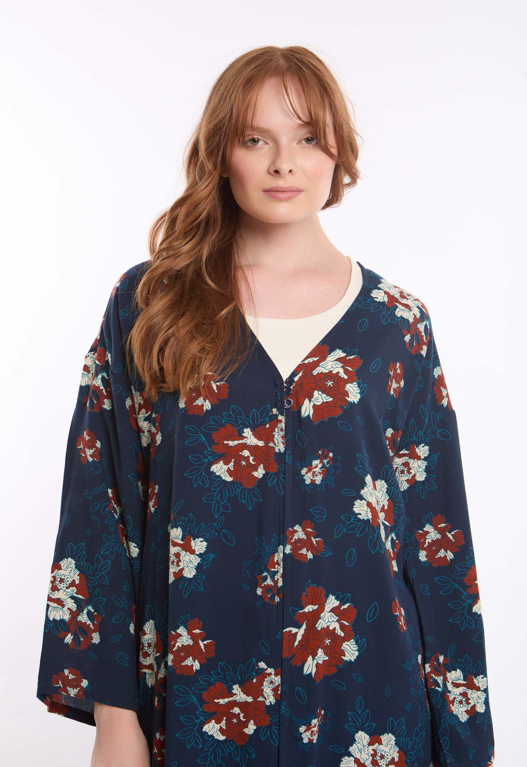Long Sleeves Floral Buttoned Long Tunic Top