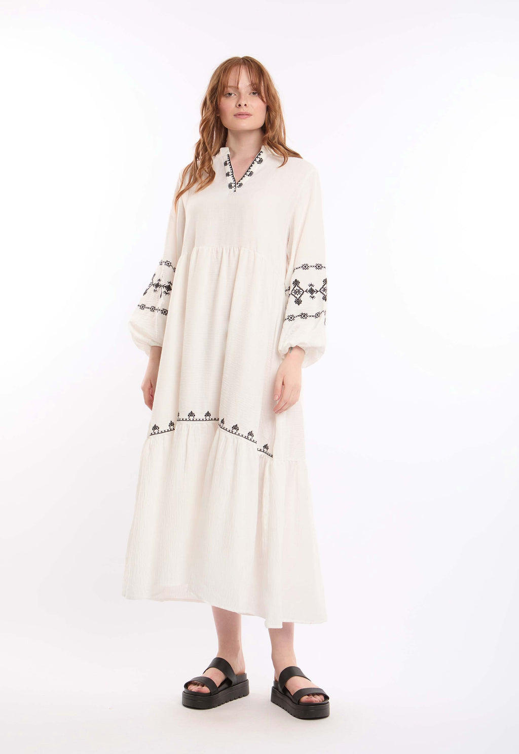 Open V-Neck Relaxed Midi Dress with Embroidered Touch