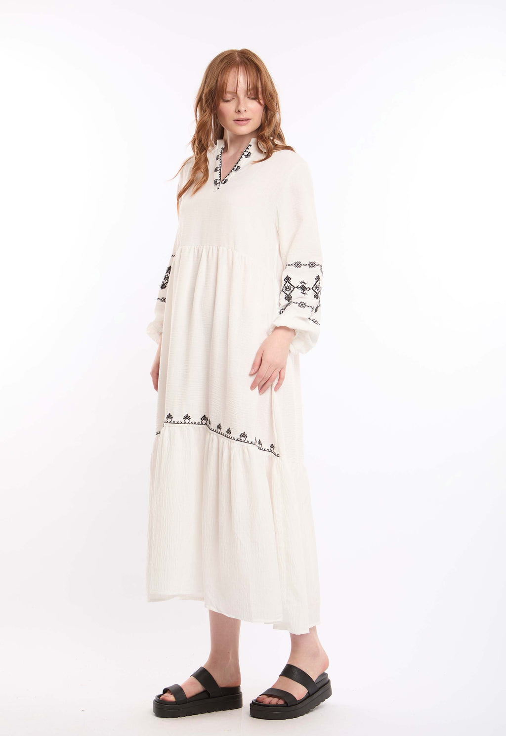 Open V-Neck Relaxed Midi Dress with Embroidered Touch