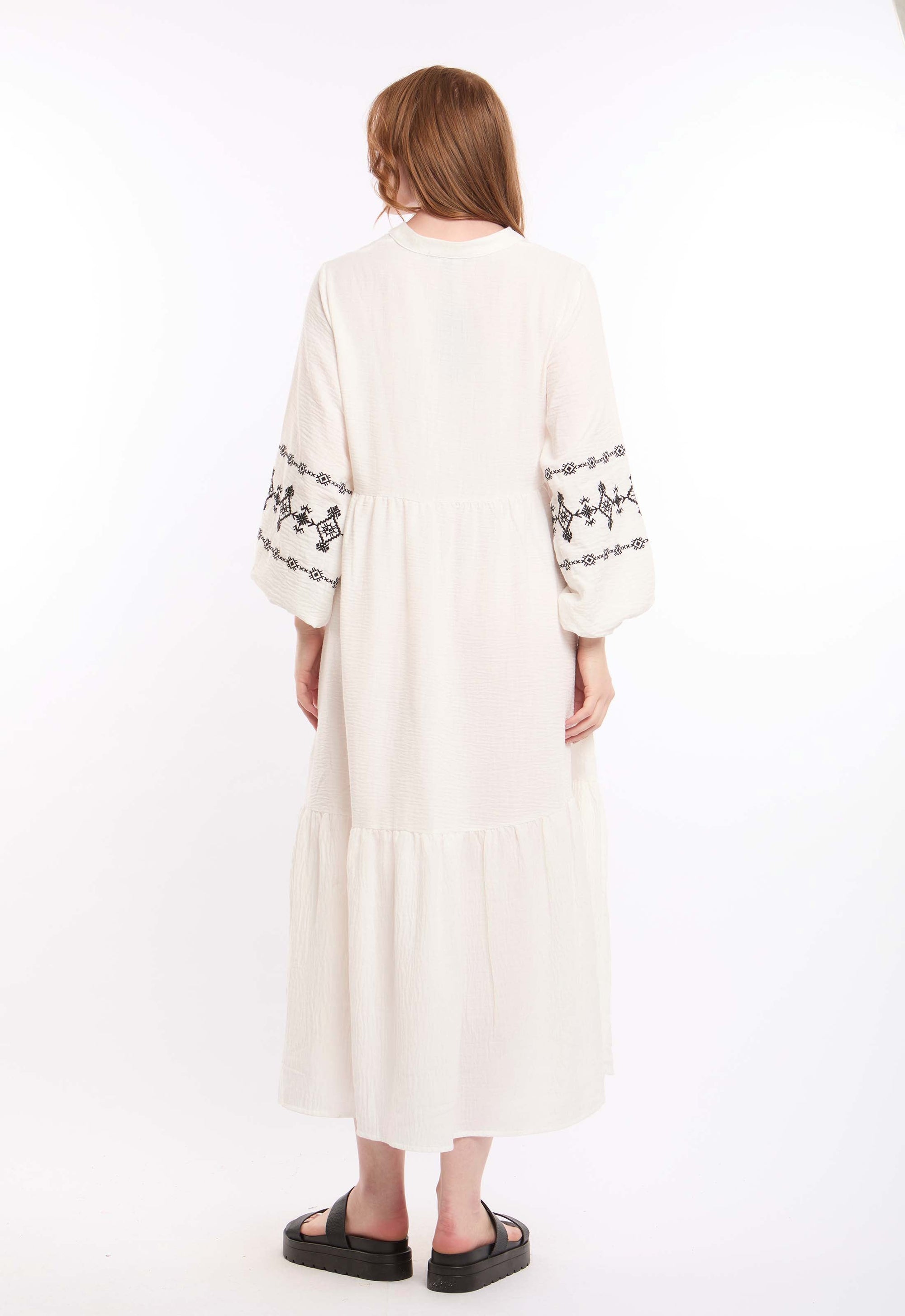 Open V-Neck Relaxed Midi Dress with Embroidered Touch