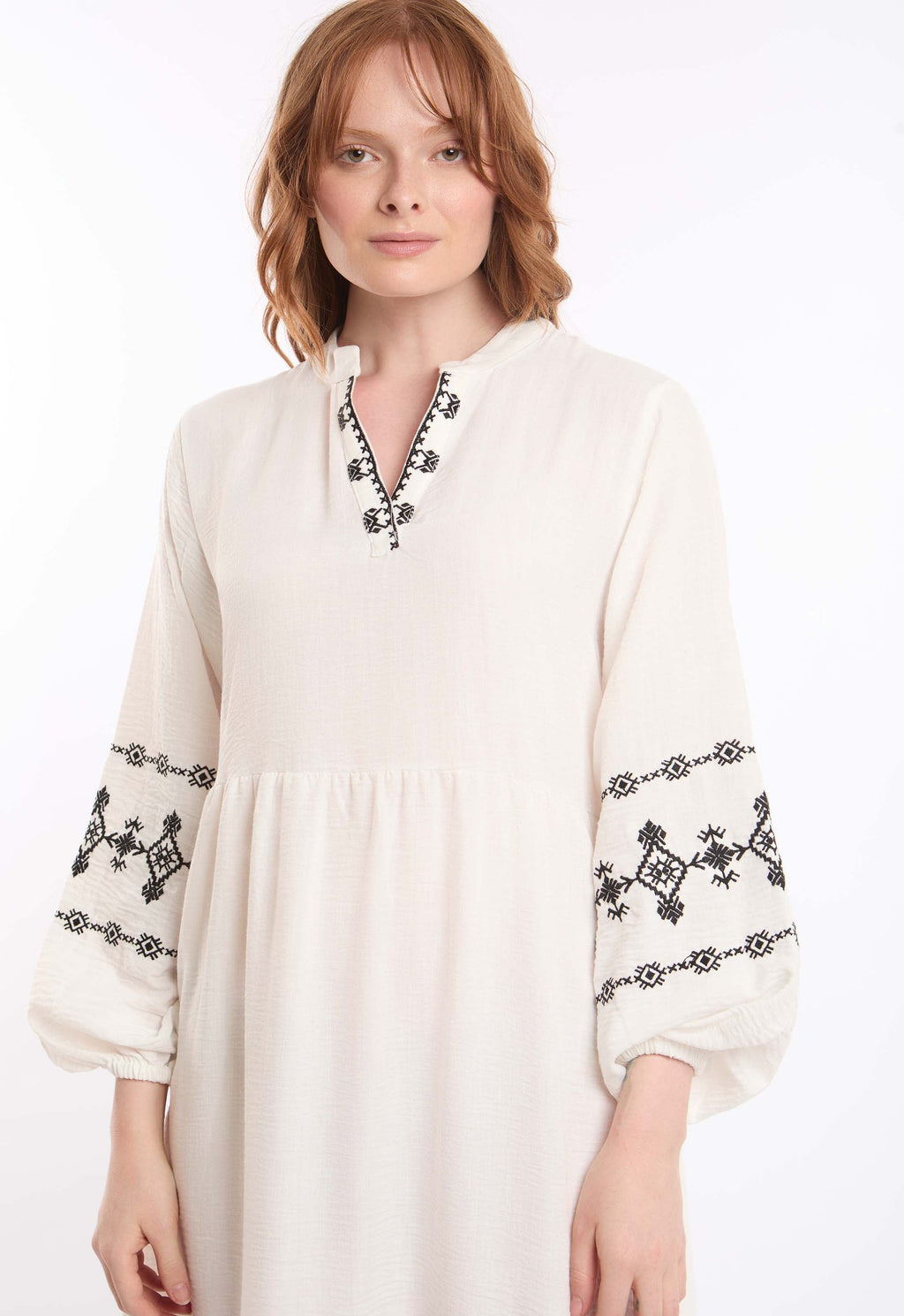 Open V-Neck Relaxed Midi Dress with Embroidered Touch