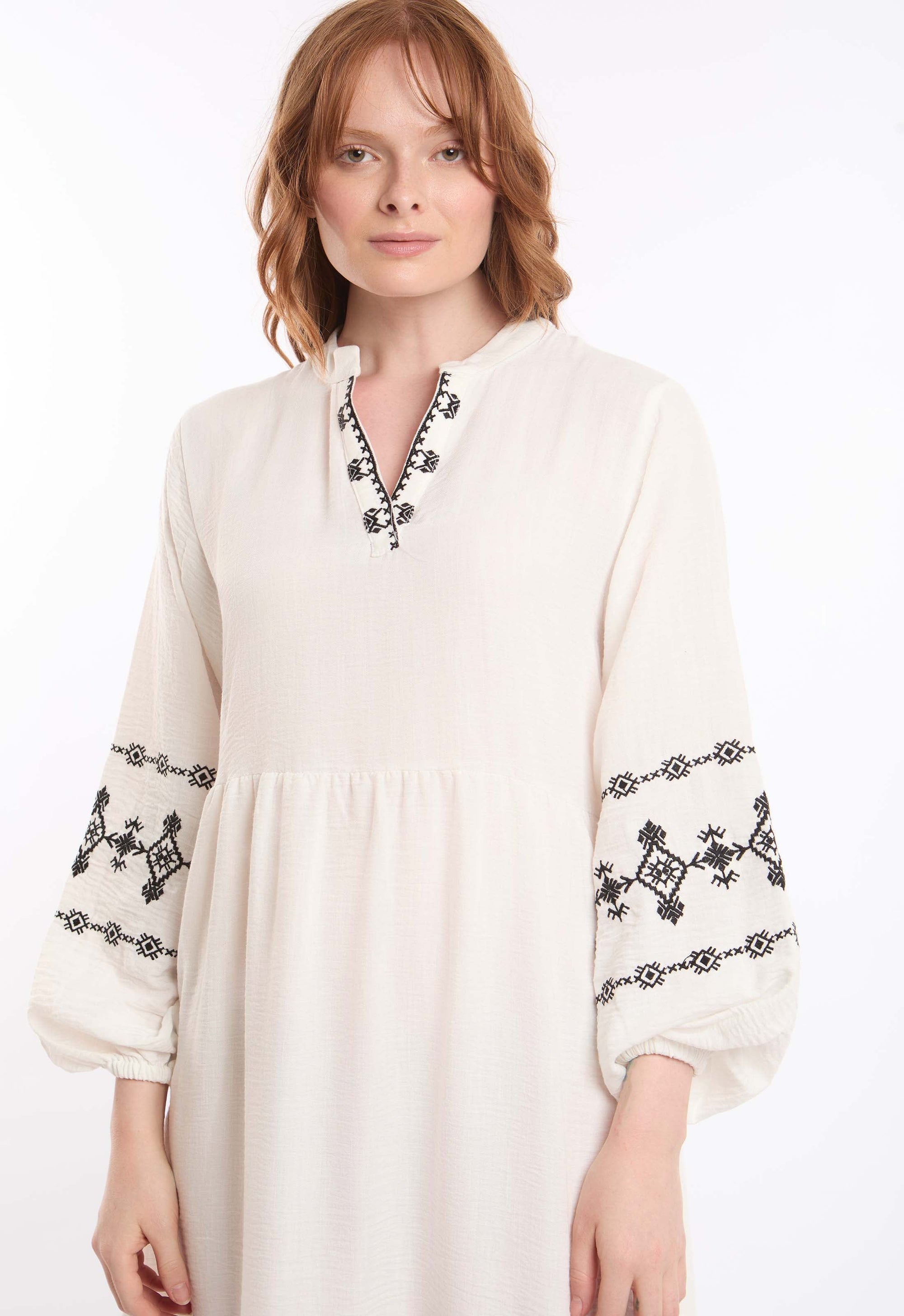 Open V-Neck Relaxed Midi Dress with Embroidered Touch