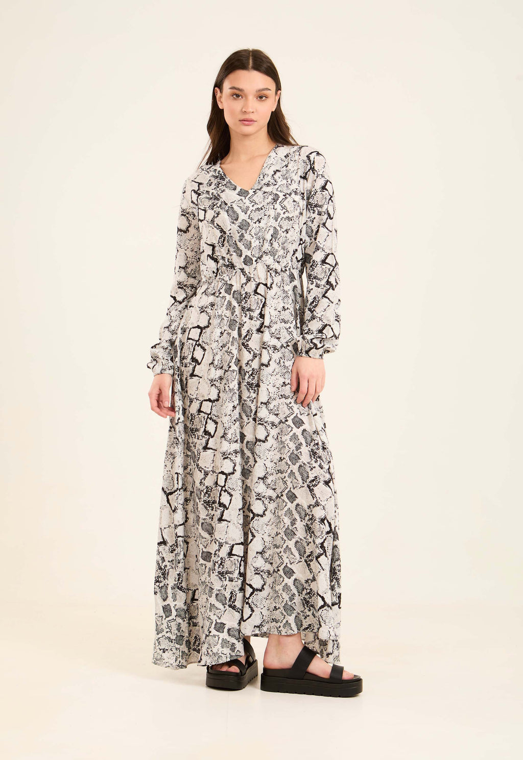 Snake Pattern Long Sleeves Dress with V-Neck