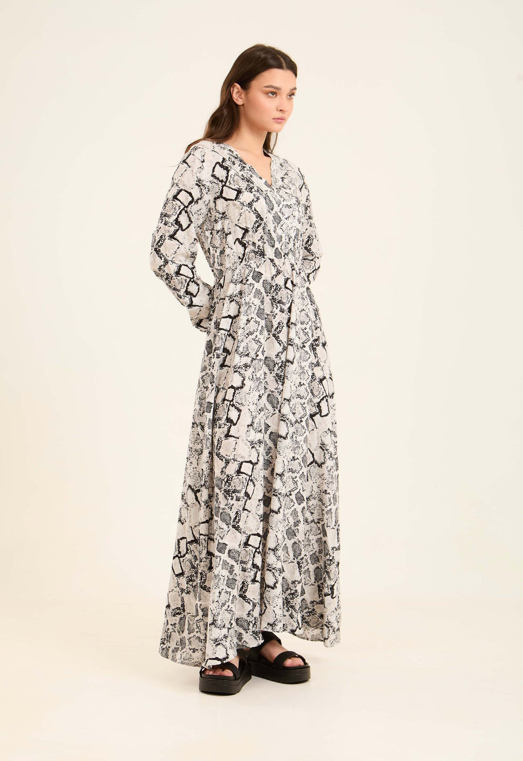 Snake Pattern Long Sleeves Dress with V-Neck