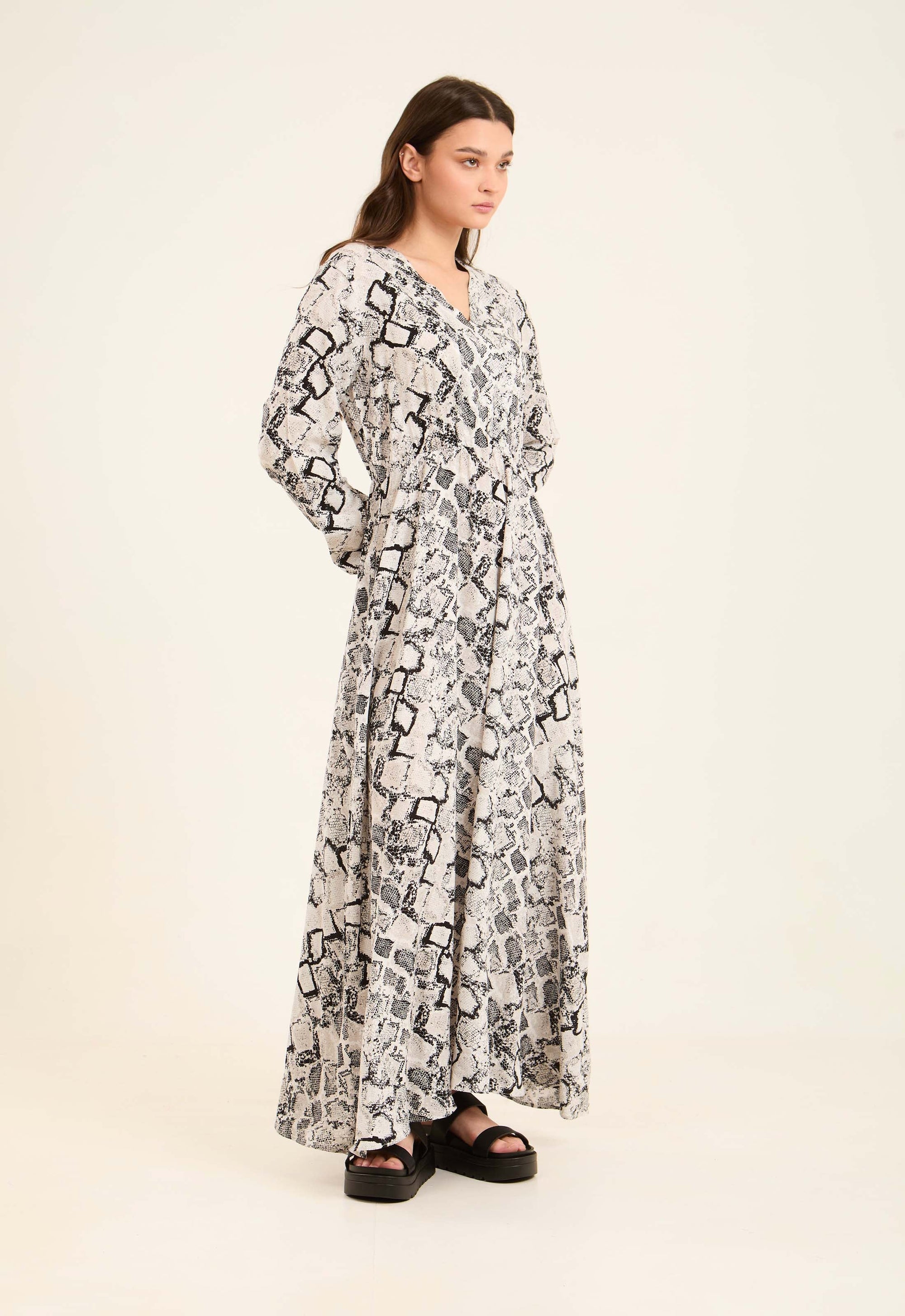 Snake Pattern Long Sleeves Dress with V-Neck