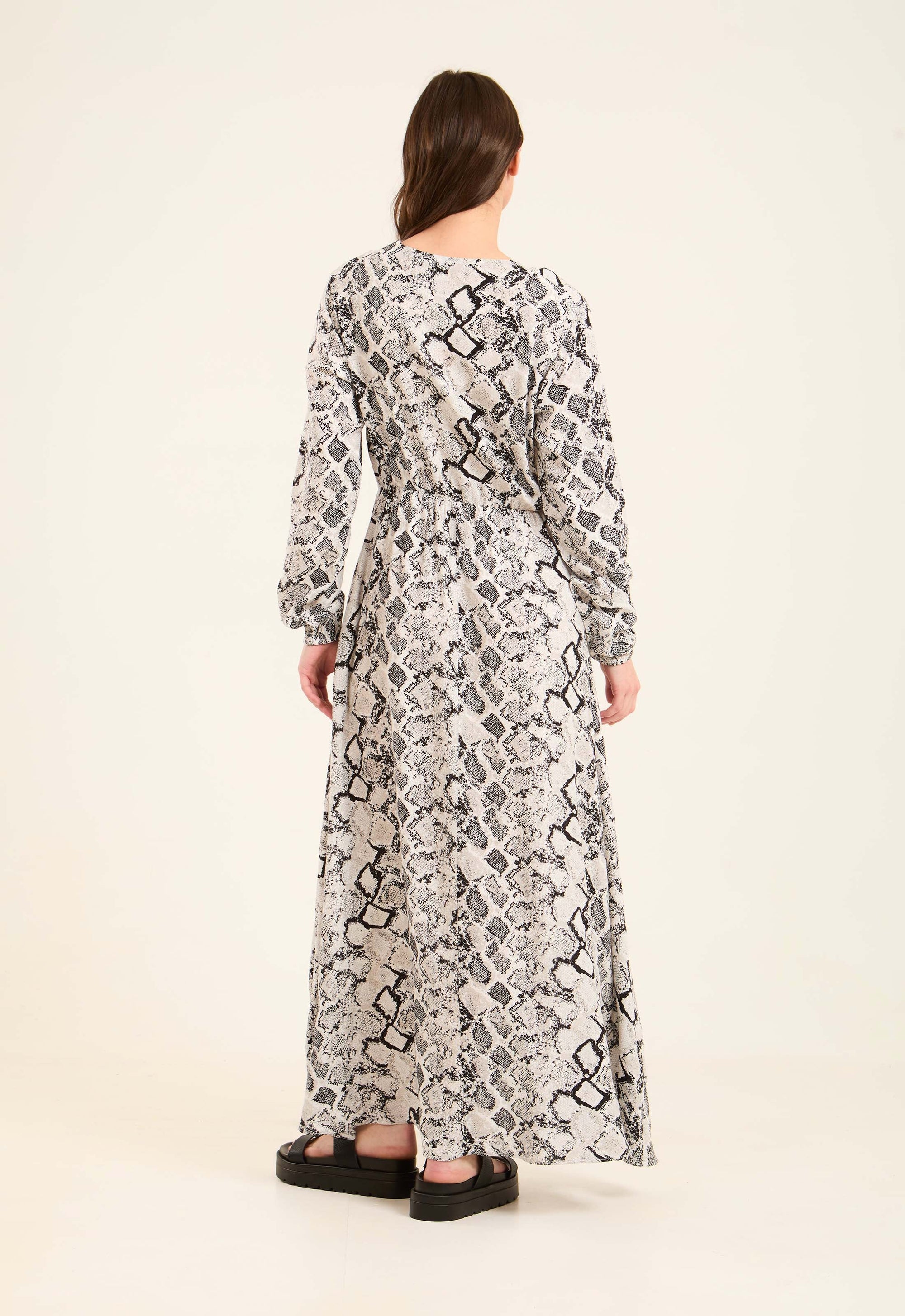 Snake Pattern Long Sleeves Dress with V-Neck