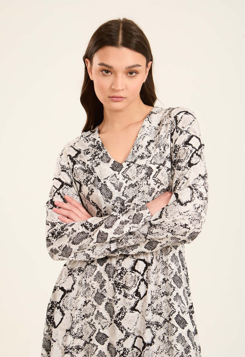 Snake Pattern Long Sleeves Dress with V-Neck