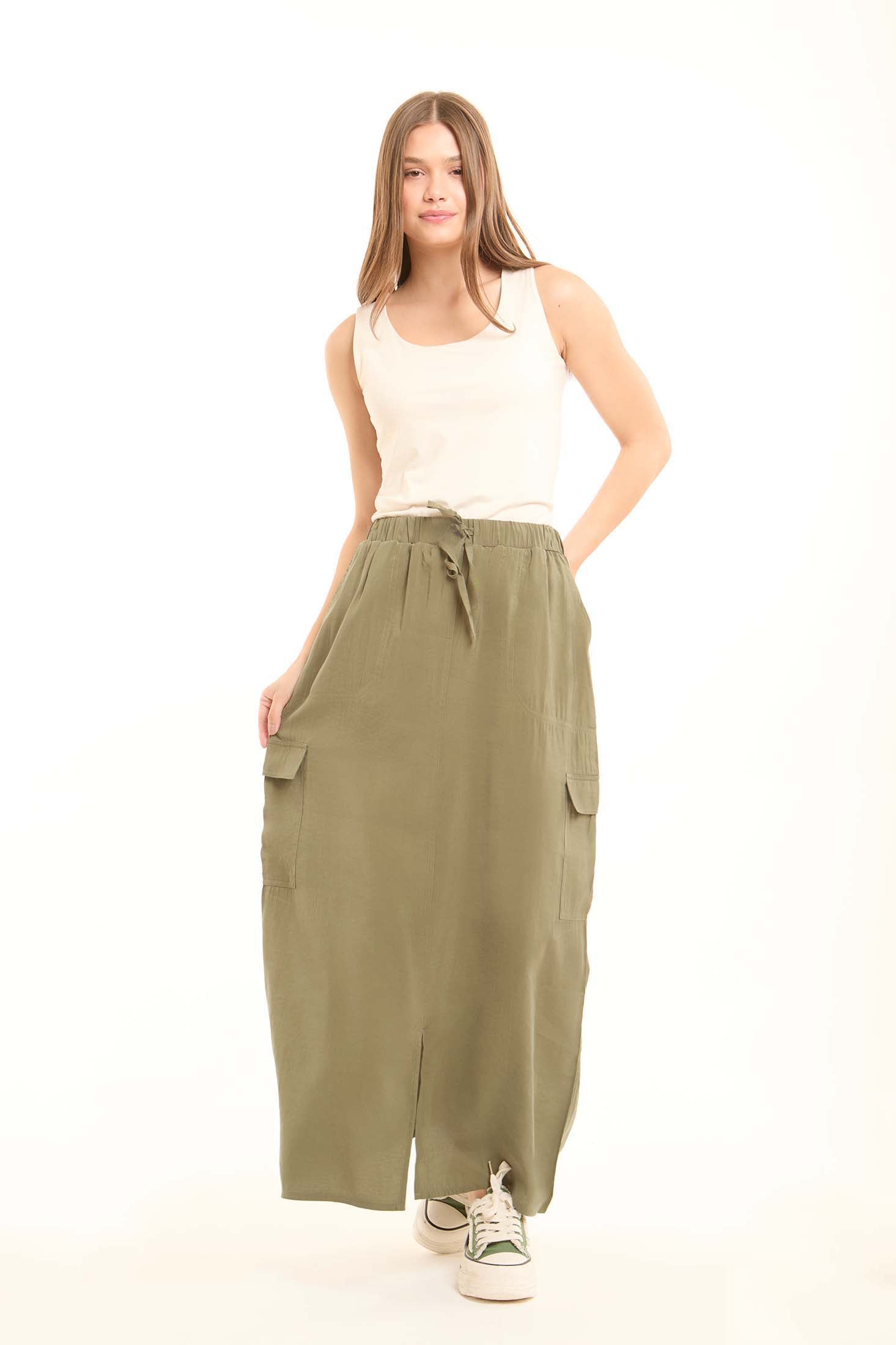 Casual Solid Rayon Skirt with Front Slit