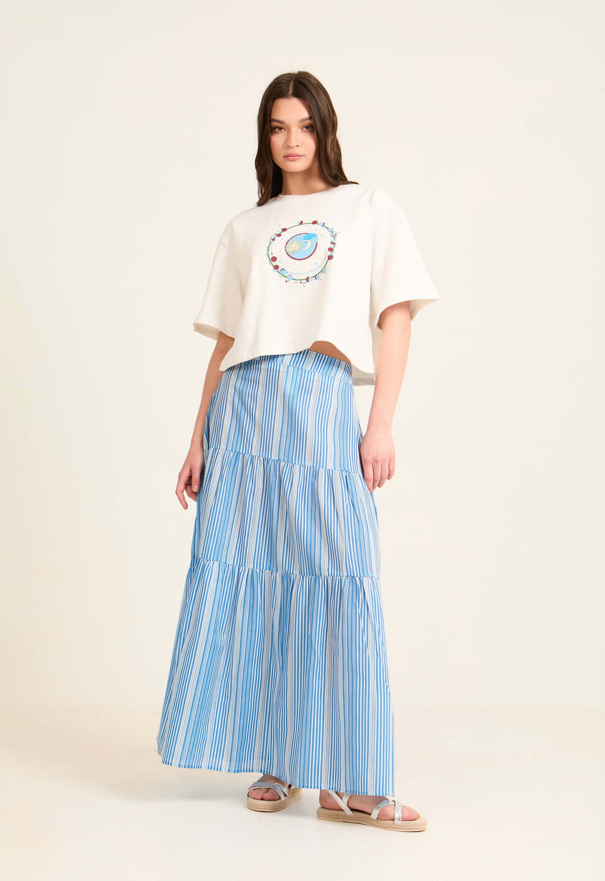 Striped Regular Fit Tiered Skirt