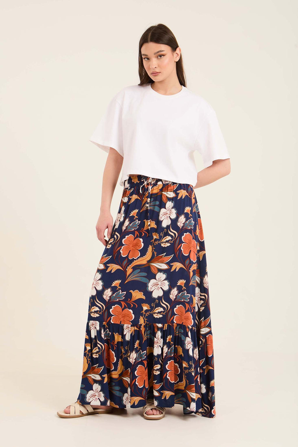 Elastic Waist Slip On Floral Maxi Skirt